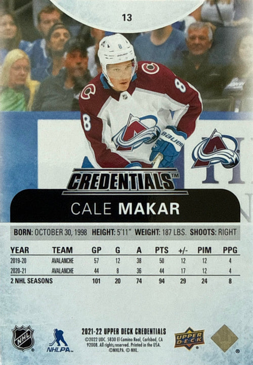 2021-22 Upper Deck Credentials Cale Makar Yellow #13 008/299 - Back