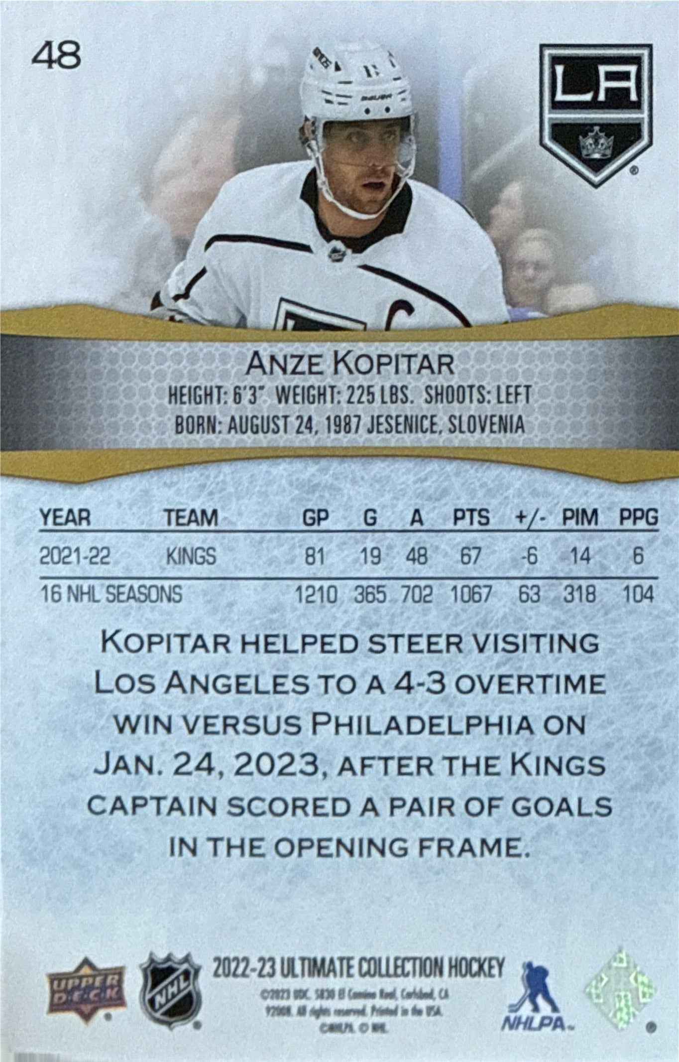 2022-23 Upper Deck Ultimate Collection Anze Kopitar Gold 06/35 - Back