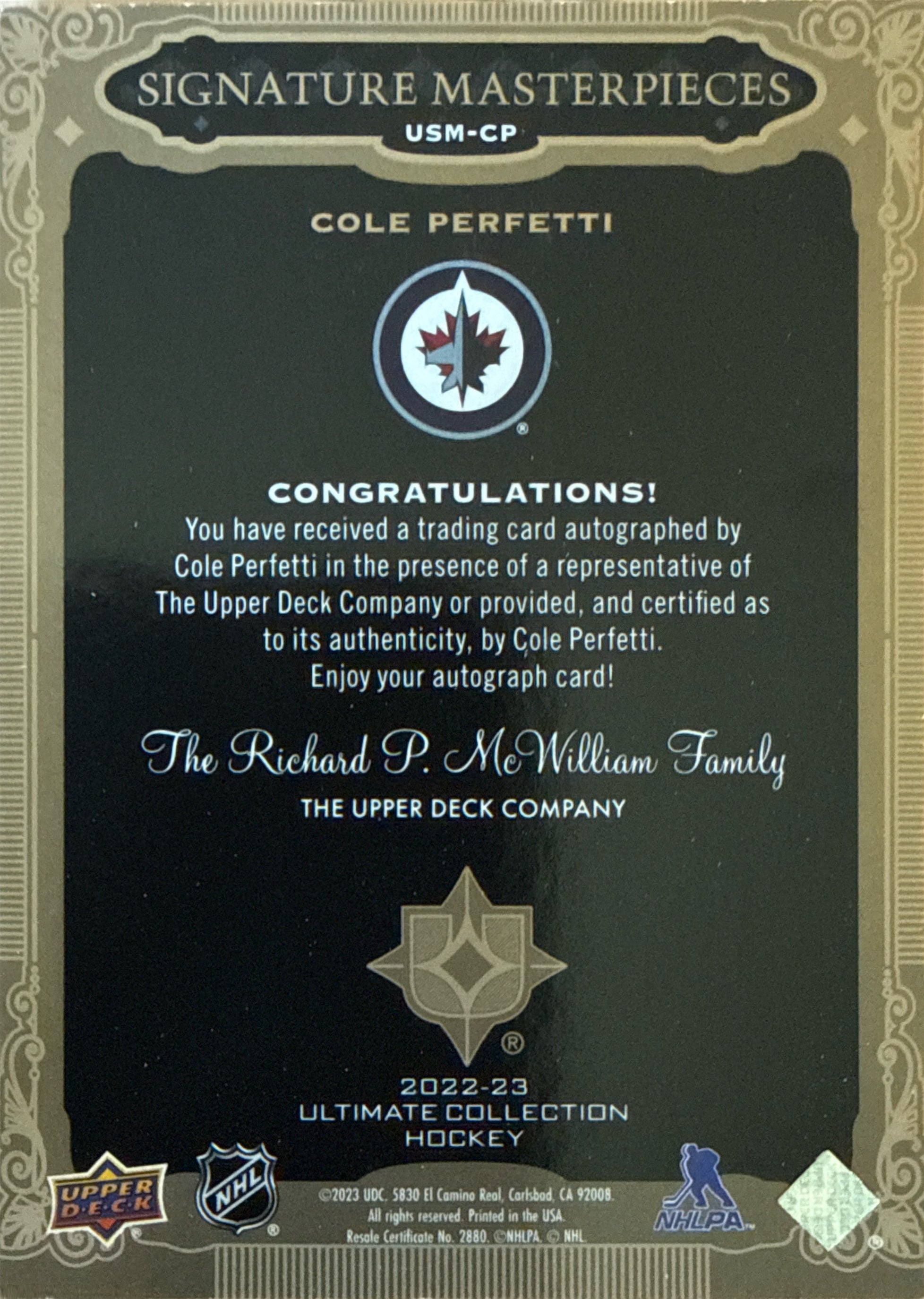 2022-23 Upper Deck Ultimate Collection Cole Perfetti Signature Masterpieces Auto - Back