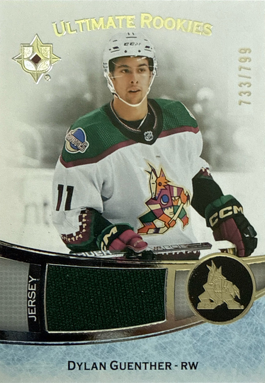 2022-23 Upper Deck Ultimate Collection Dylan Guenther Ultimate Rookies Jersey Patch 733/799 - Front