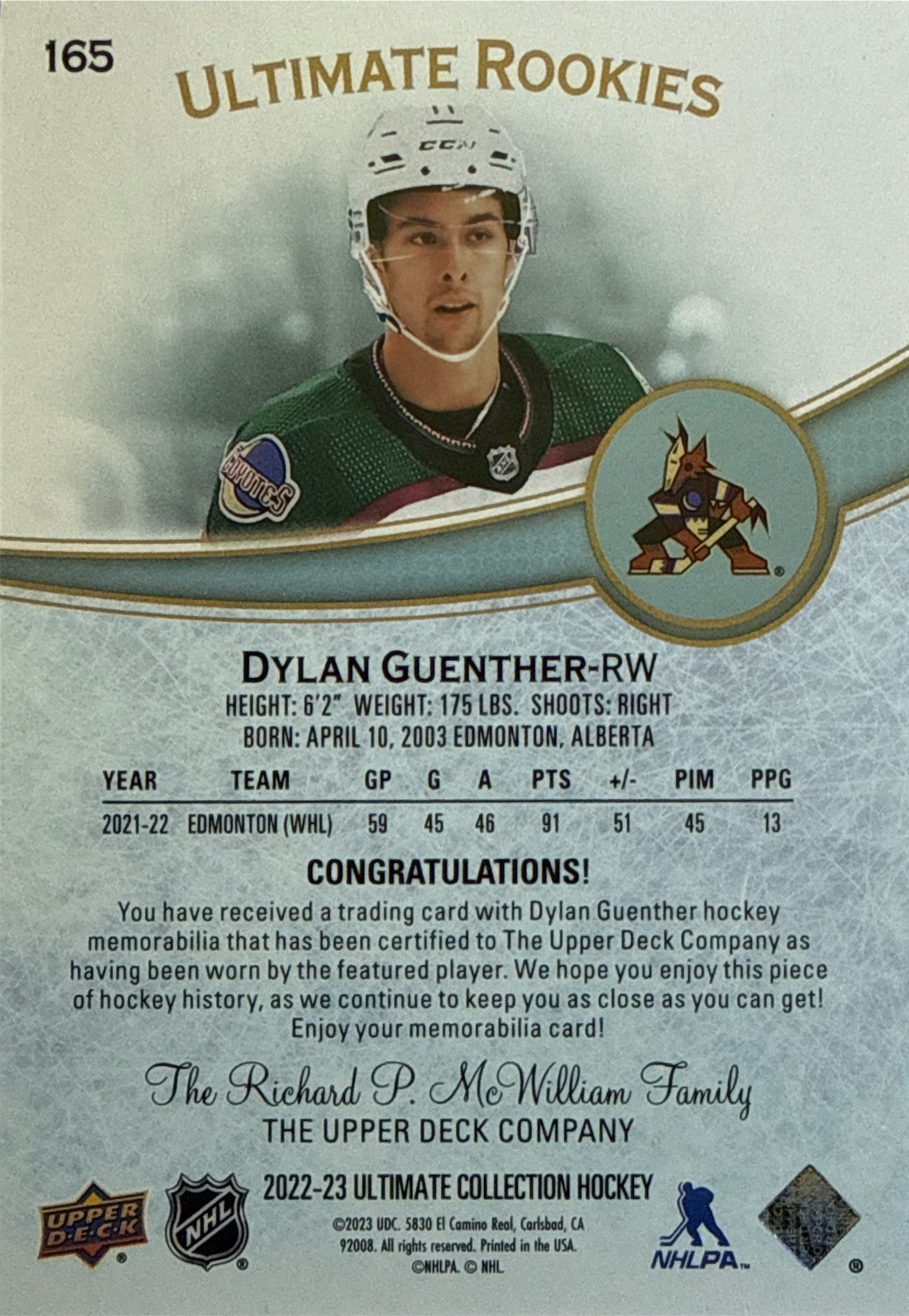 2022-23 Upper Deck Ultimate Collection Dylan Guenther Ultimate Rookies Jersey Patch 733/799 - Back