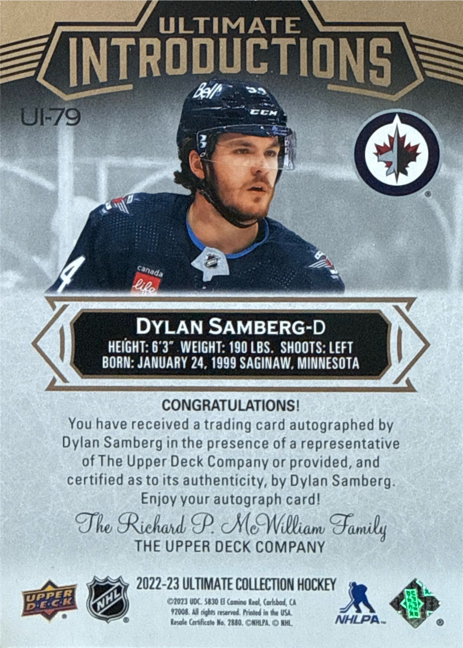 2022-23 Upper Deck Ultimate Collection Dylan Samberg Ultimate Introductions Auto 10/50 - Back