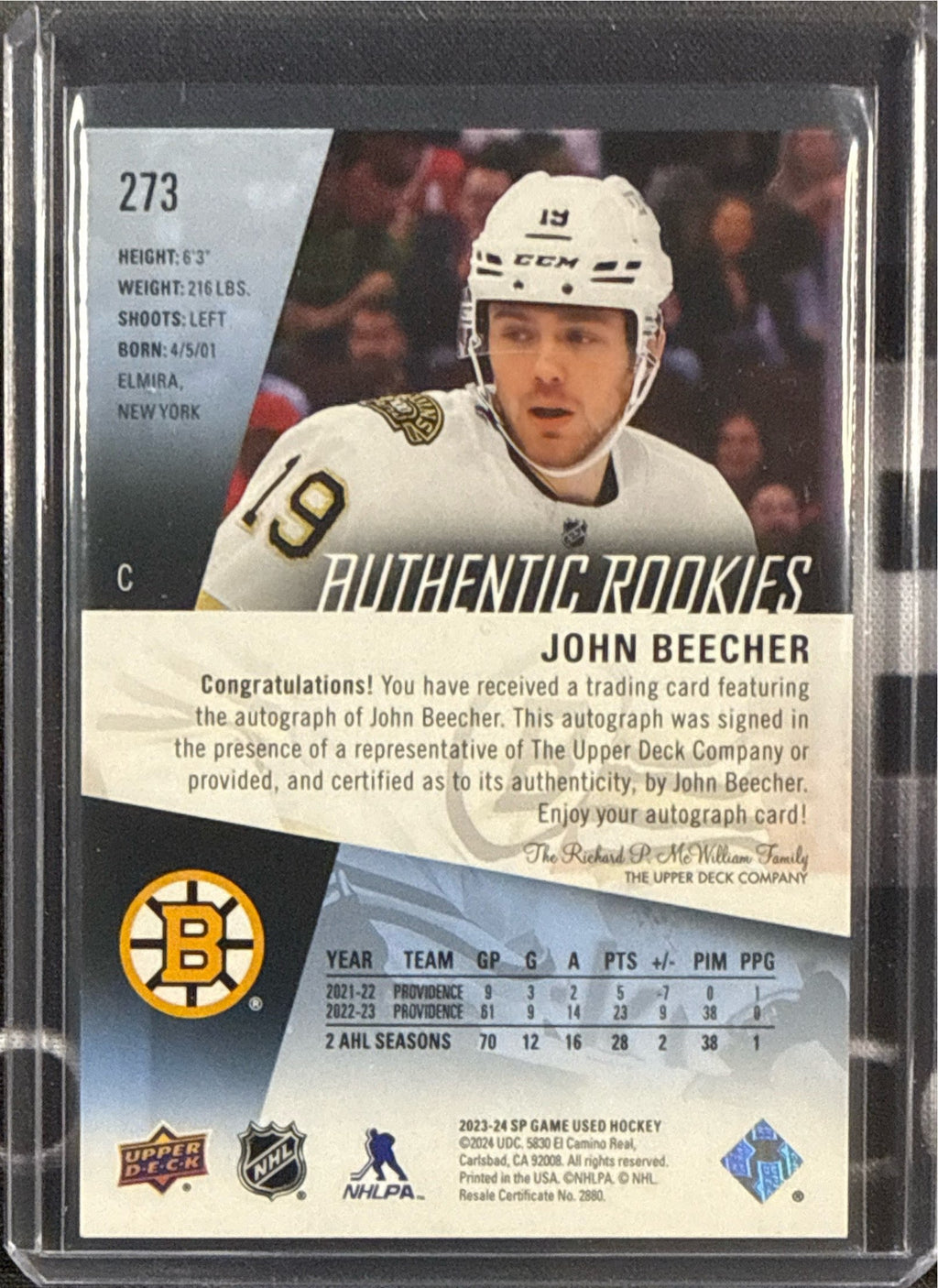 23-24 SP Game Used John Beecher Authentic Rookies Blue Autograph #273 Back