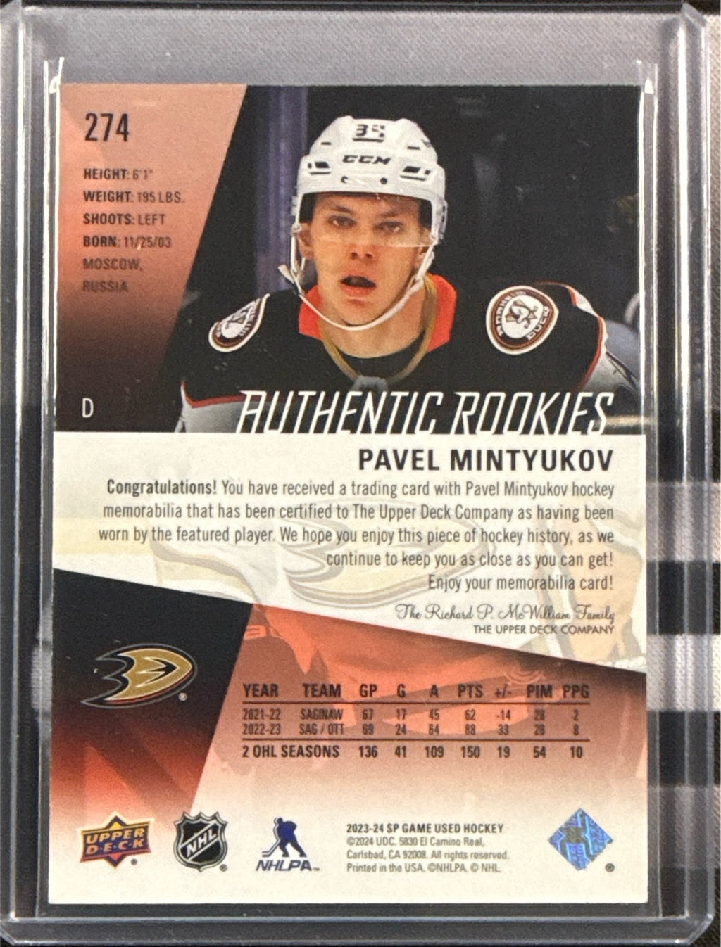 23-24 SP Game Used Pavel Mintyukov Authentic Rookies Red Jersey #274 Back