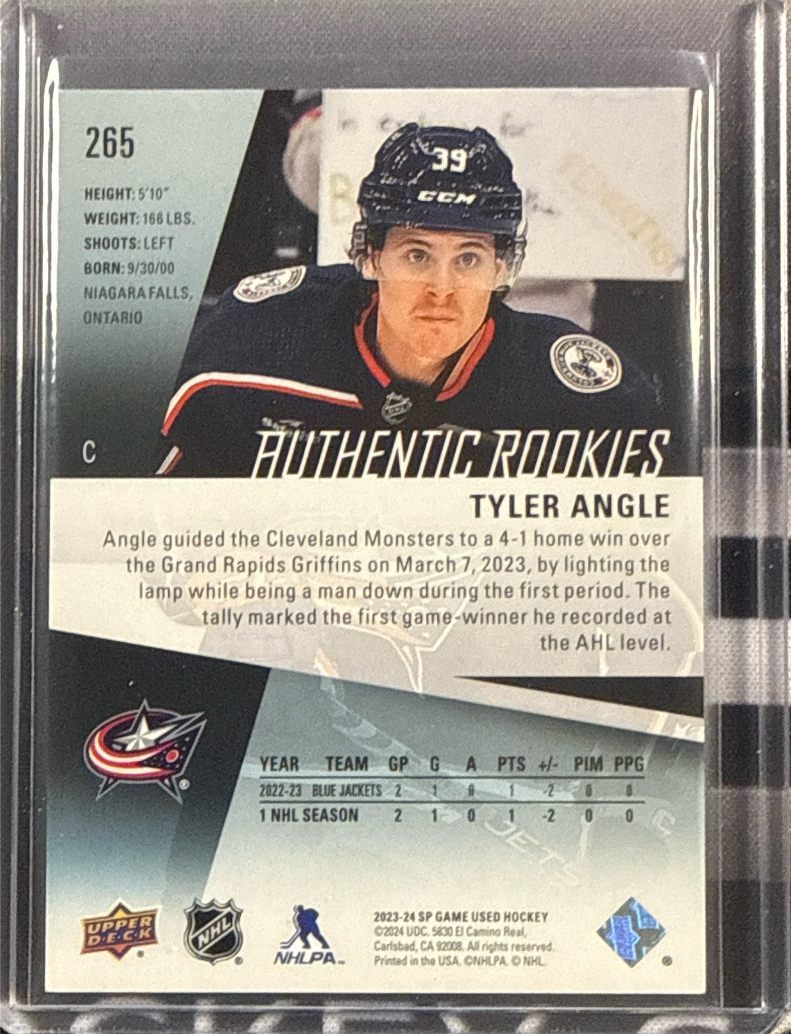 23-24 SP Game Used Tyler Angle Authentic Rookies #265 30/39 Back