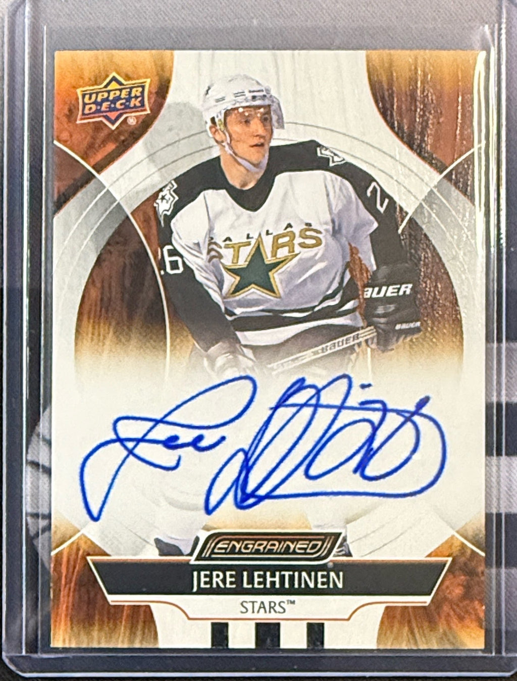 Front of 2024-25 Upper Deck Engrained Jere Lehtinen autograph CA-JL