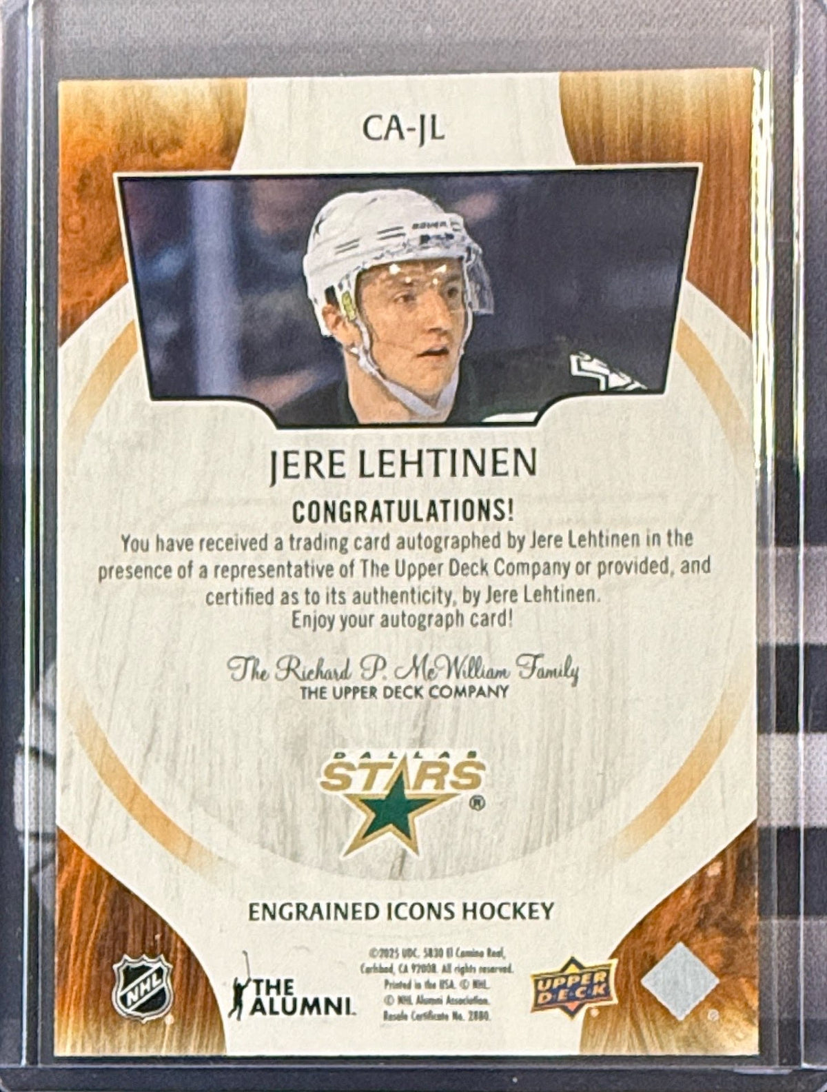 Back of 2024-25 Upper Deck Engrained Jere Lehtinen autograph CA-JL