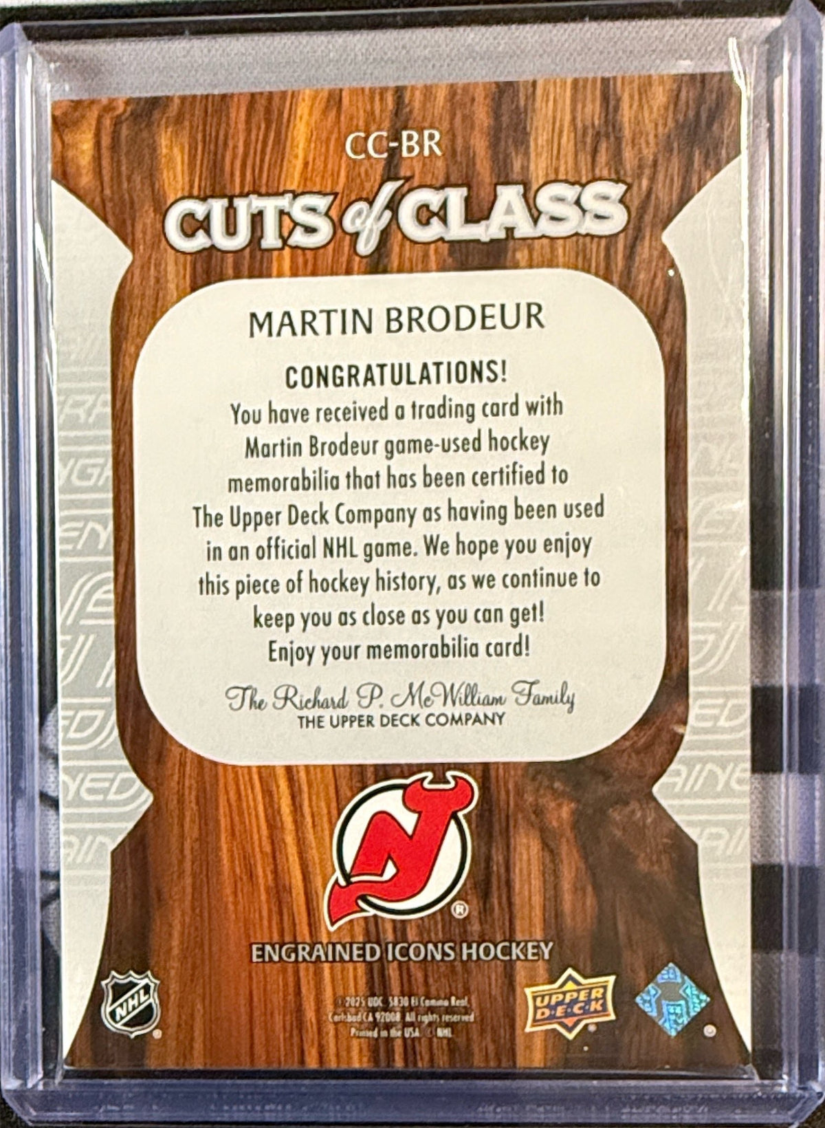 Back of 2024-25 Upper Deck Engrained Martin Brodeur Cuts of Glass CC-BR