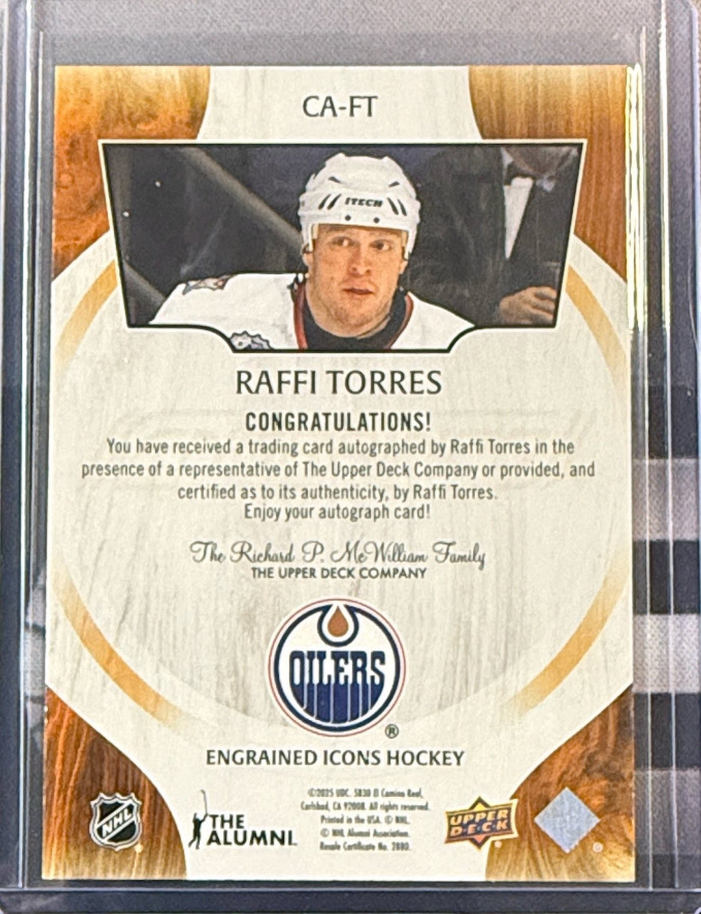 Back of 2024-25 Upper Deck Engrained Raffi Torres autograph CA-FT