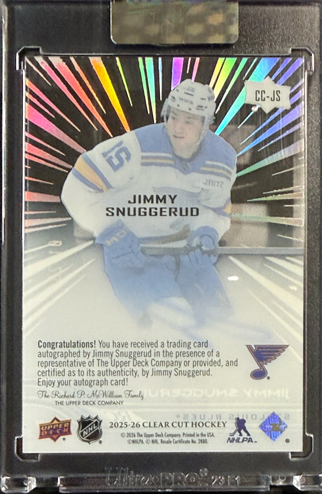 Back of 2025-26 Clear Cut Jimmy Snuggerud Outburst autograph CC-JS 01/25