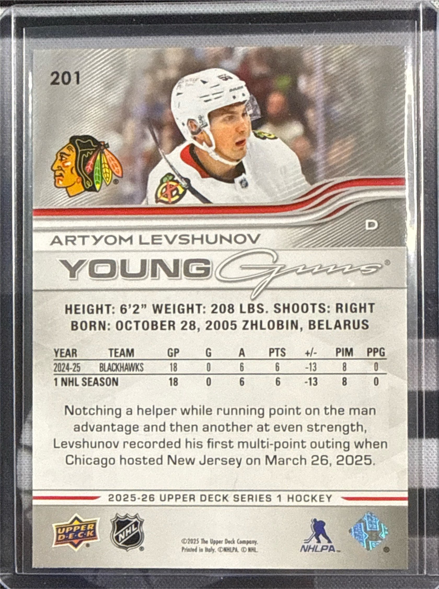 2025-26 Upper Deck Series 1 Artyom Levshunov Young Guns #201 Back