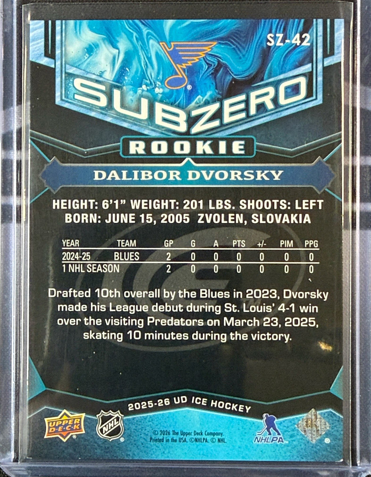 Reverse of Dalibor Dvorsky Upper Deck Ice Sub Zero rookie card #SZ-42