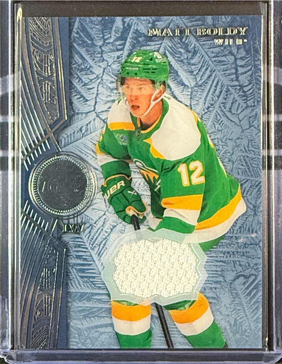 Front of Matt Boldy 2025-26 Upper Deck Ice Jersey memorabilia card