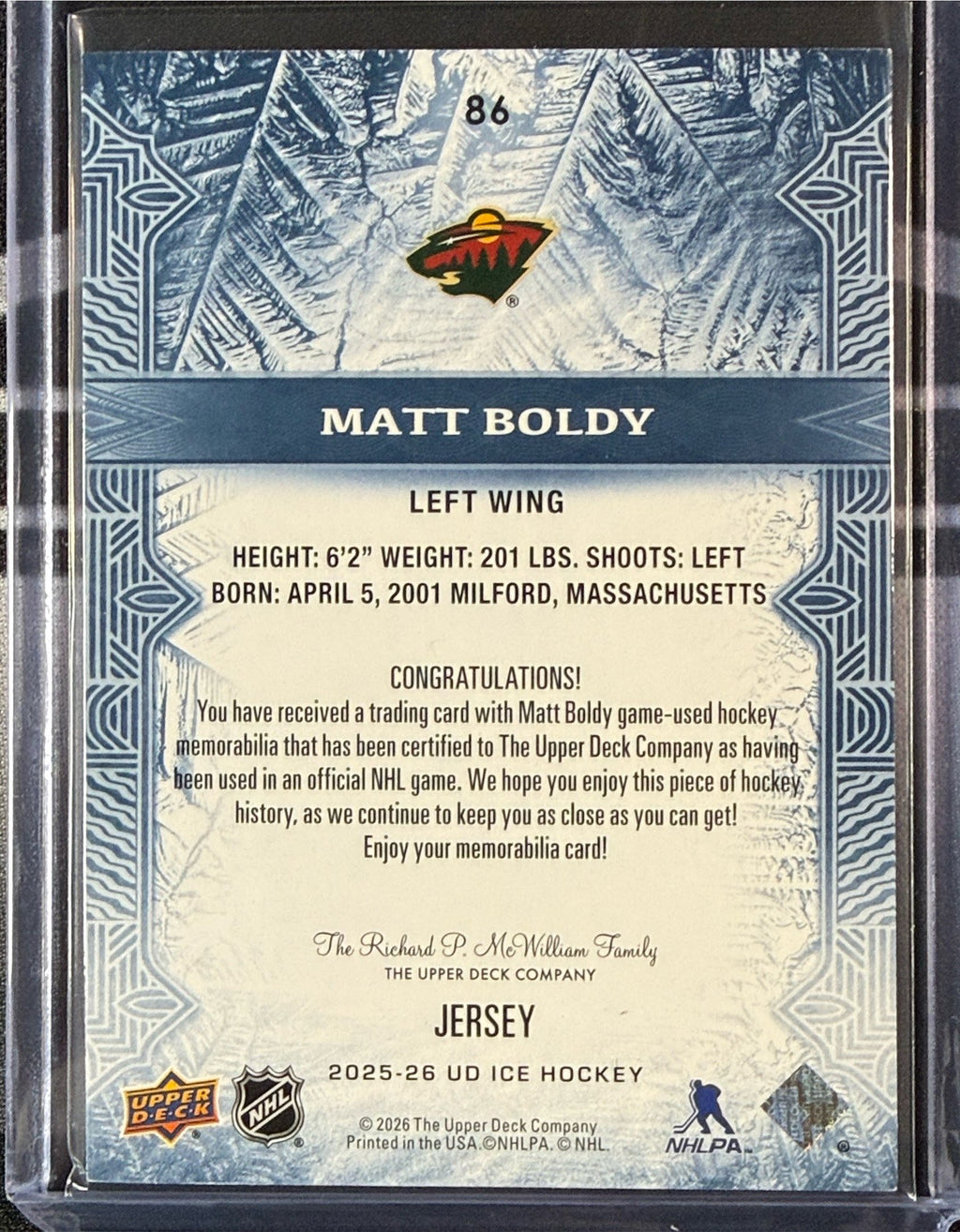 Back of Matt Boldy 2025-26 Upper Deck Ice Jersey card number 86