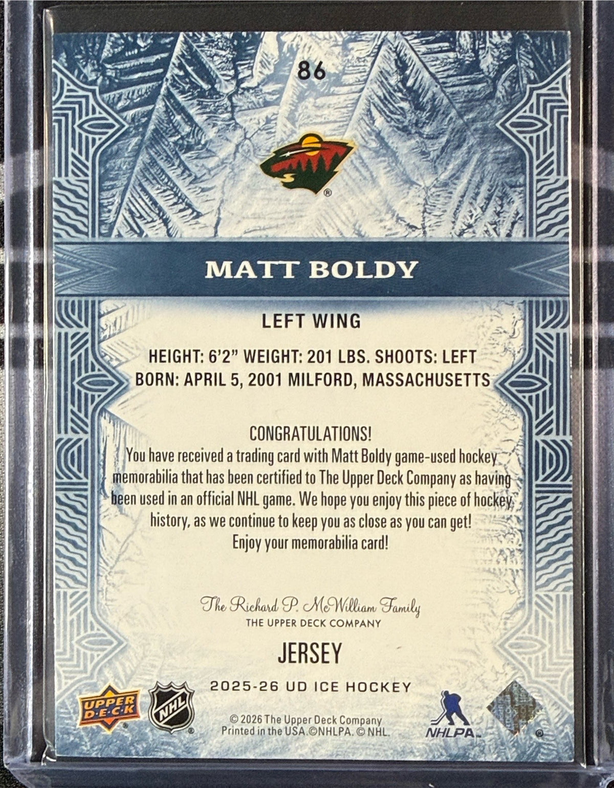 Back of Matt Boldy 2025-26 Upper Deck Ice Jersey card number 86