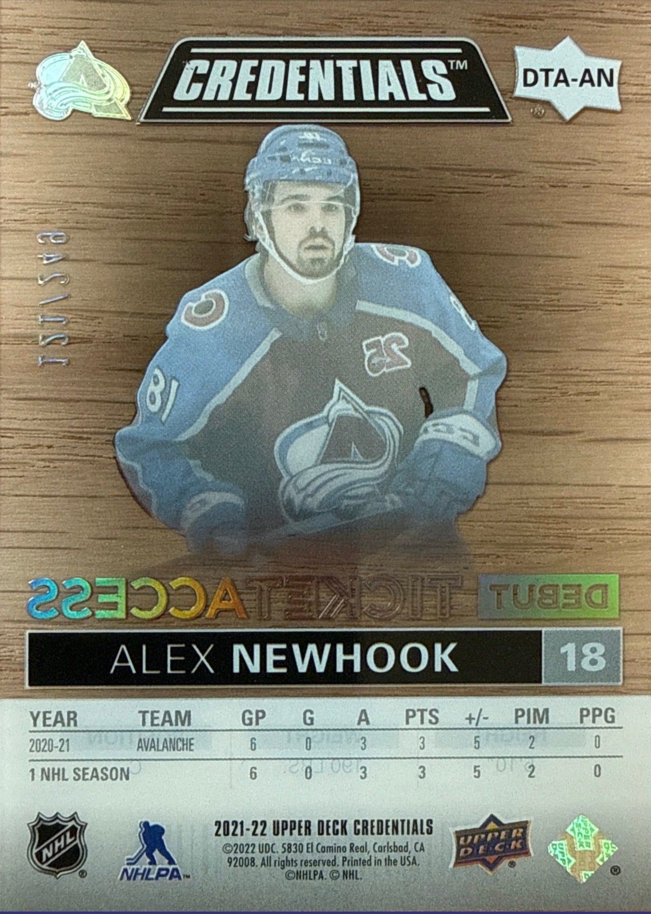 2021-22 Upper Deck Credentials Alex Newhook Debut Ticket Access Acetate #DTA-AN 121/249 - Back