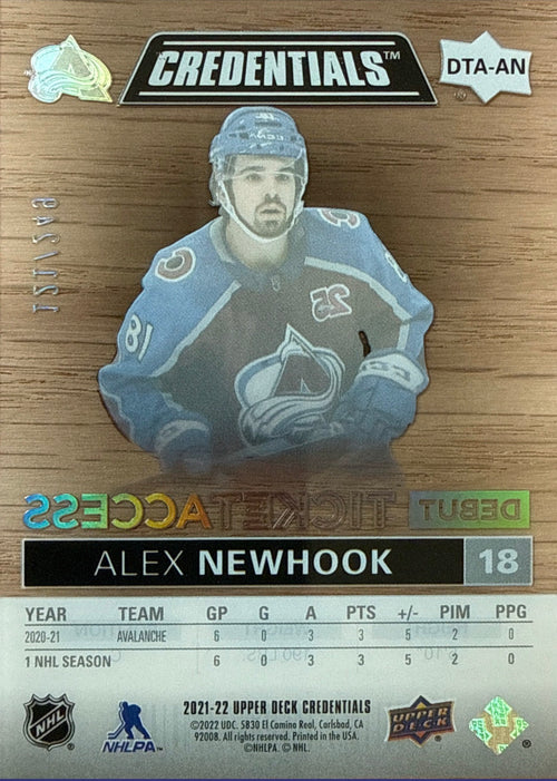 2021-22 Upper Deck Credentials Alex Newhook Debut Ticket Access Acetate #DTA-AN 121/249 - Back