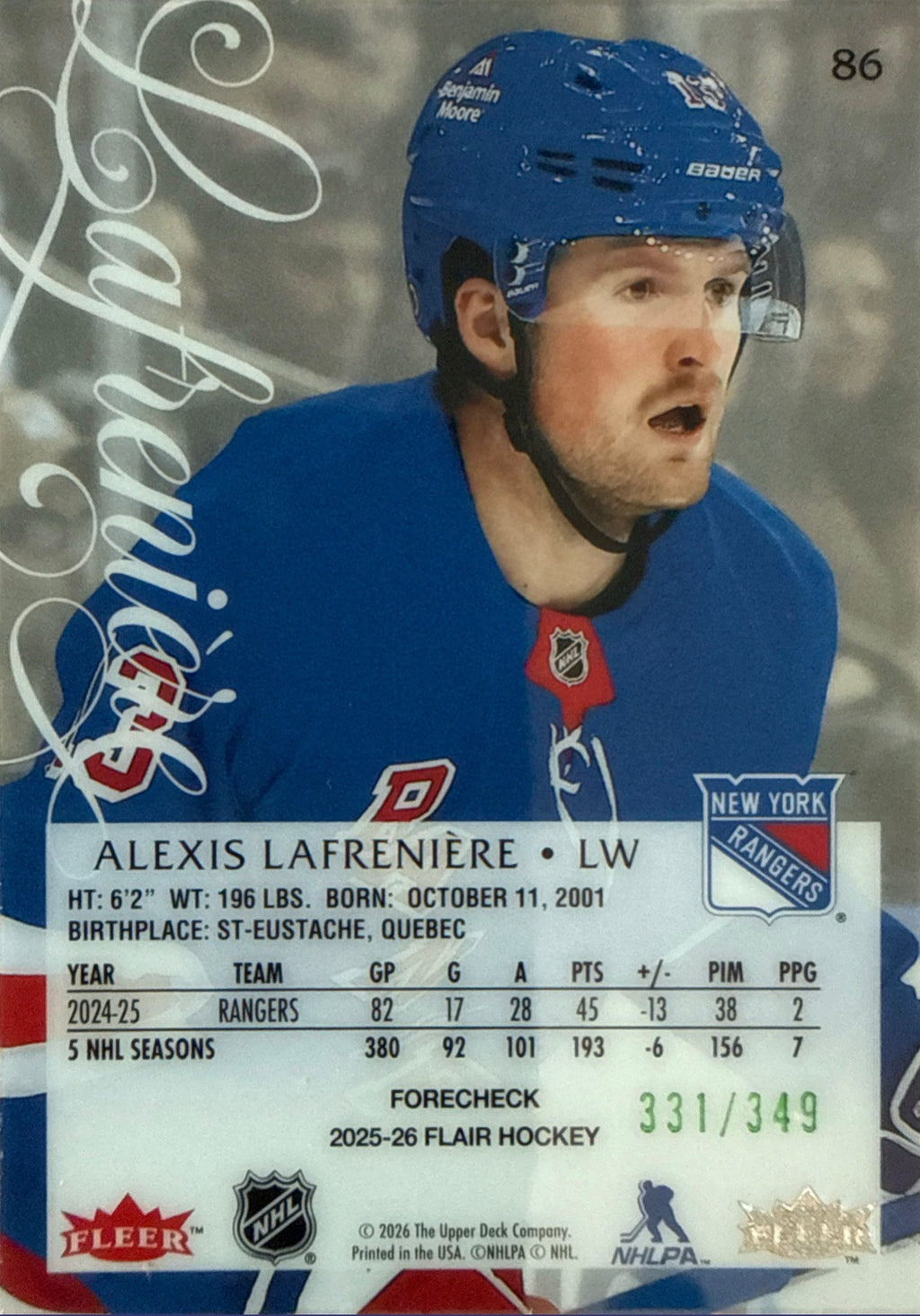 2025-26 Fleer Flair Hockey Alexis Lafrenière Forecheck #86 331/349 - Back