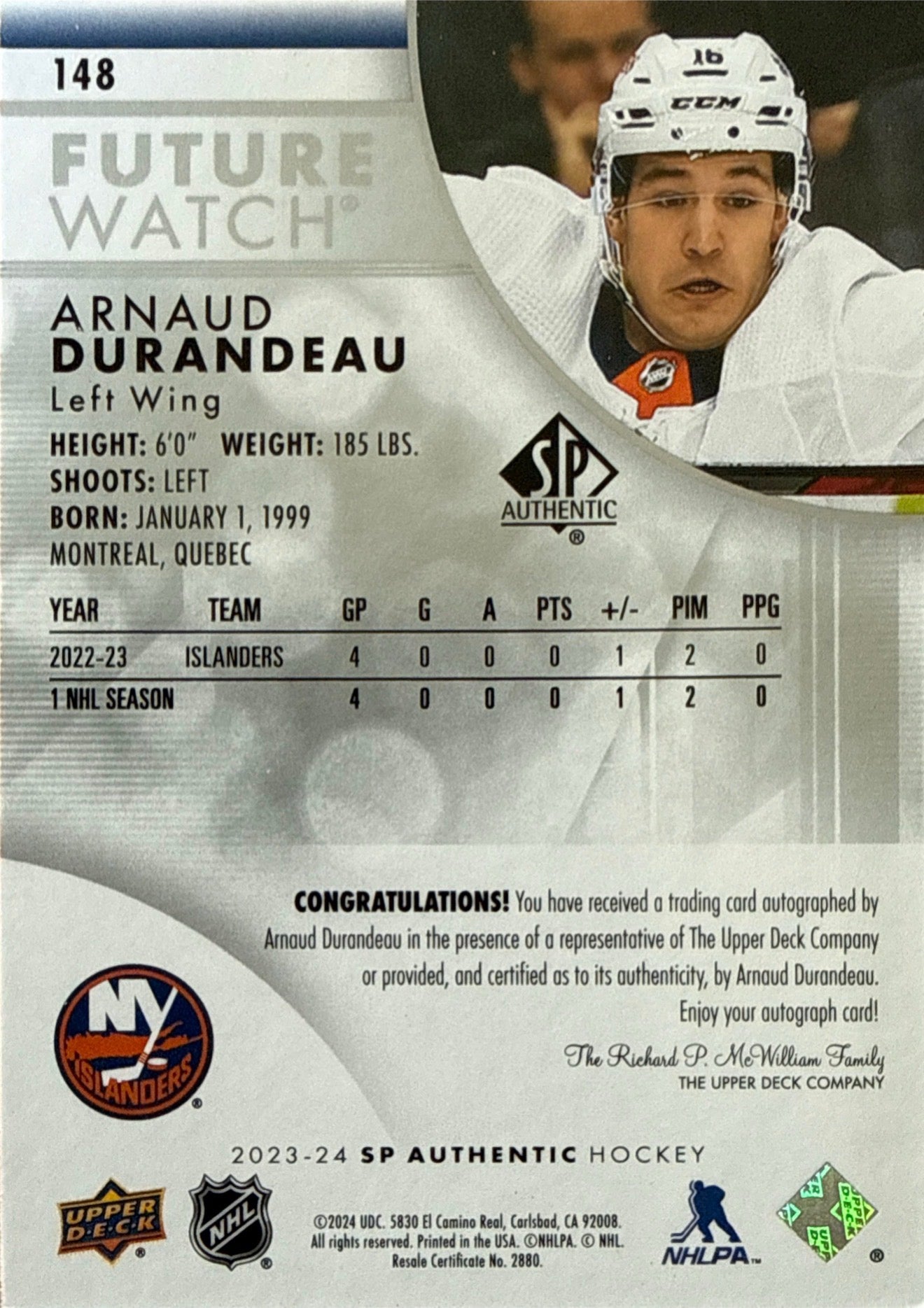 2023-24 SP Authentic Arnaud Durandeau Future Watch Auto 736/999 - Back