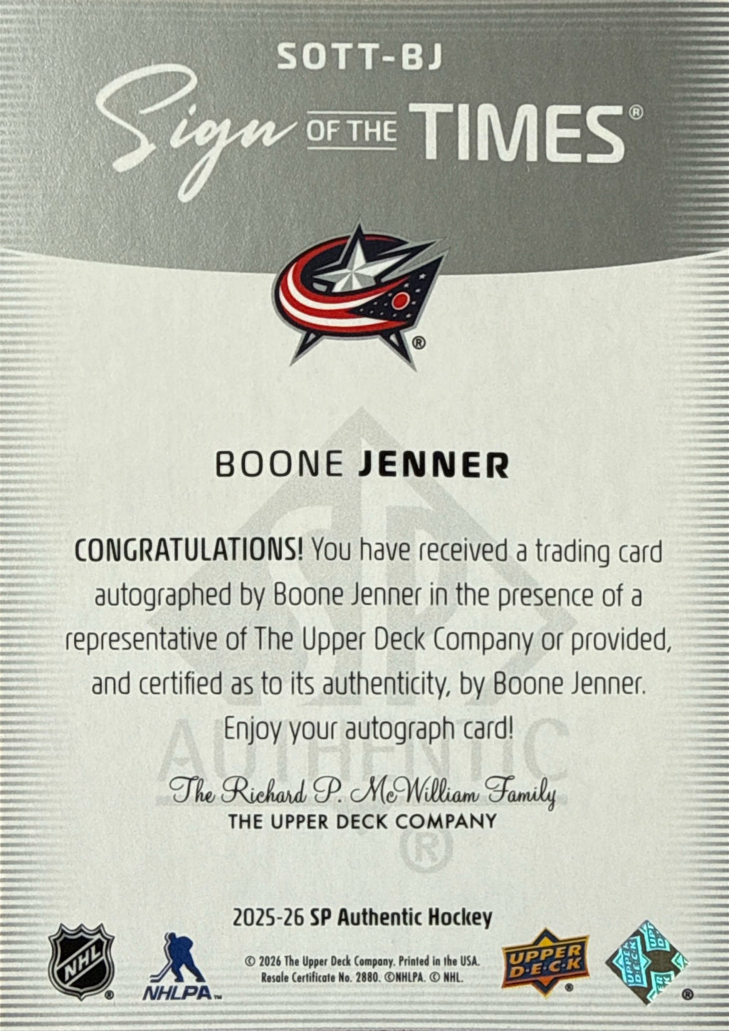 2025-26 SP Authentic Boone Jenner Sign of the Times Auto - Back