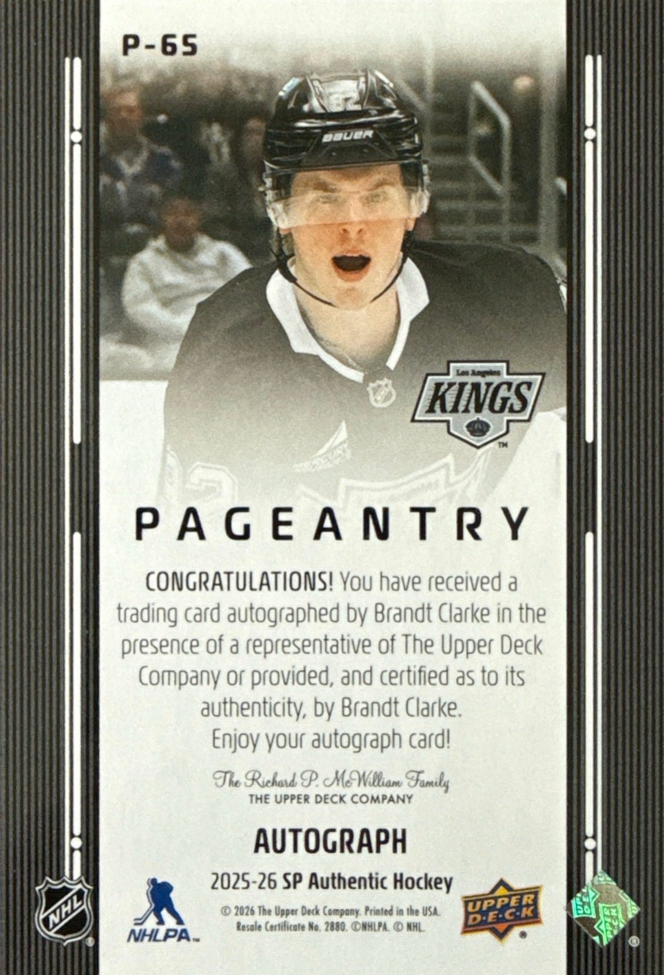 2025-26 SP Authentic Brandt Clarke Pageantry Auto #P-65 Back