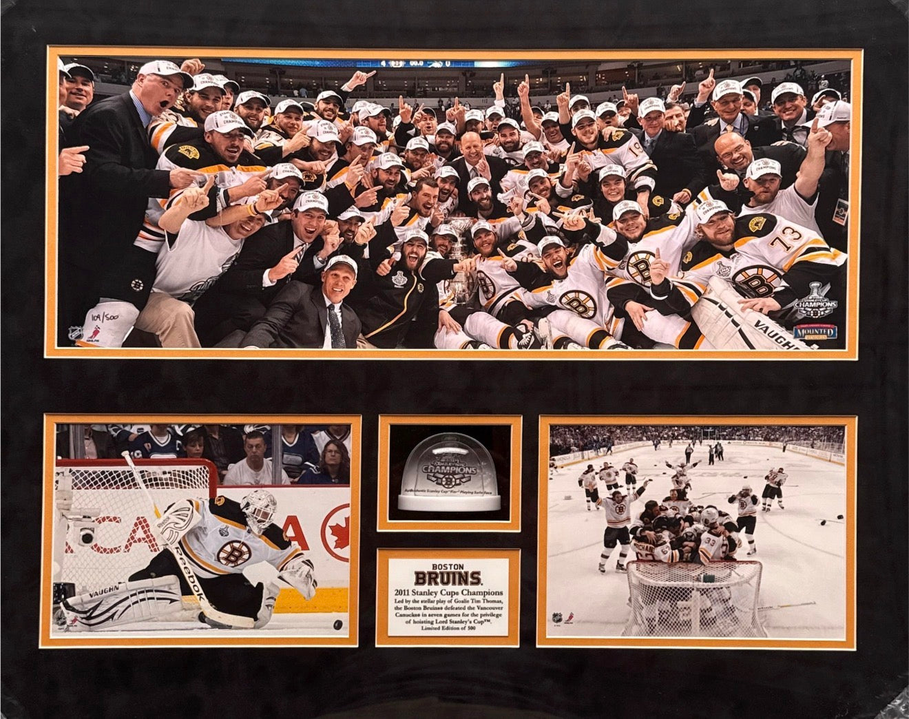 Boston Bruins 2011 Stanley Cup Champions commemorative framed photo set with melted ice snow globe, limited edition of 500