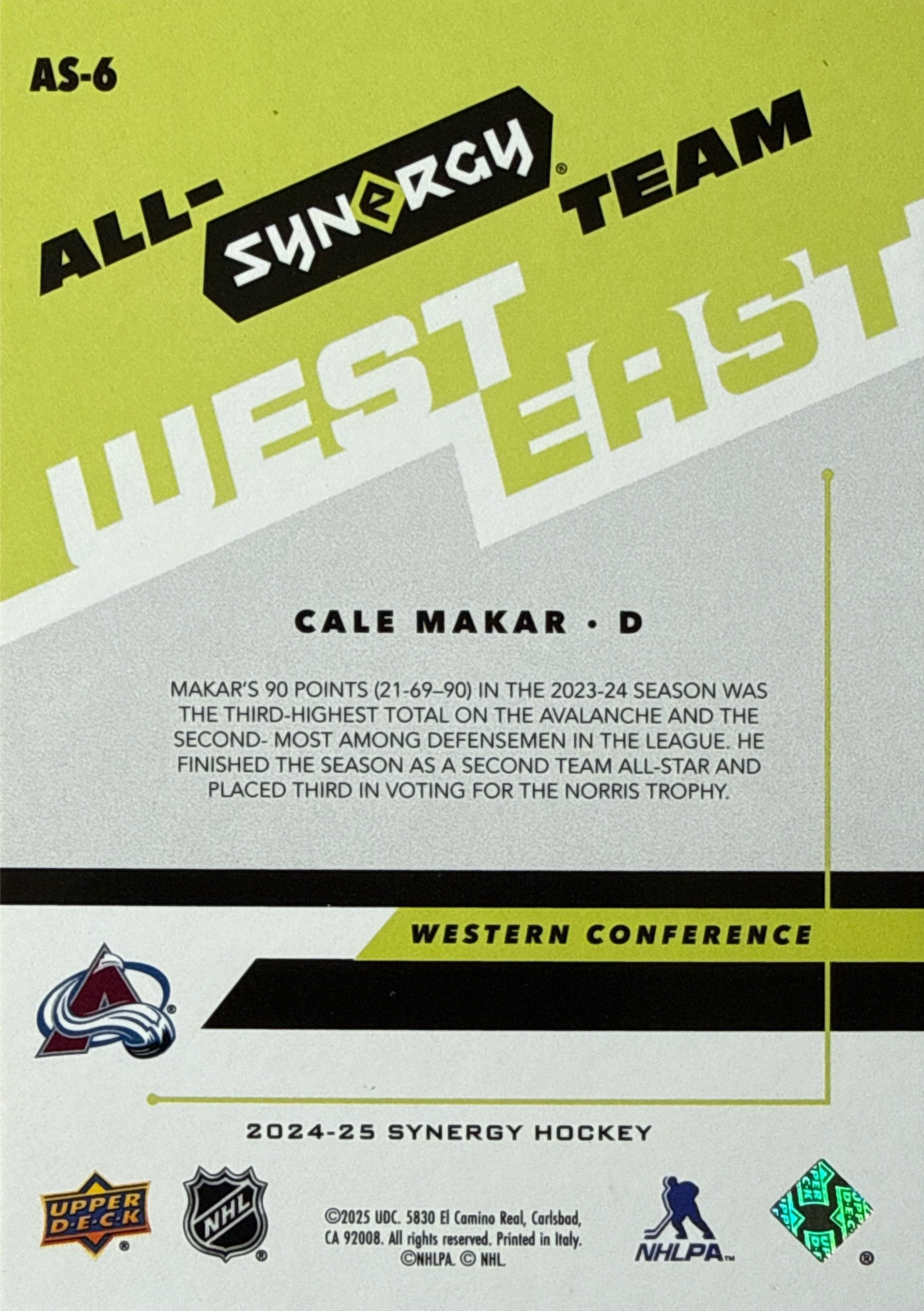 2024-25 Synergy Cale Makar All-Synergy Team West #AS-6 - Back
