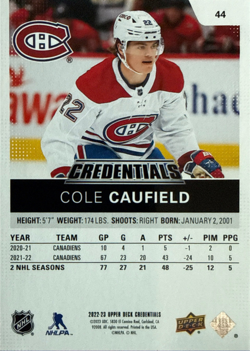 2022-23 Upper Deck Credentials Cole Caufield Gold #44 101/299 - Back