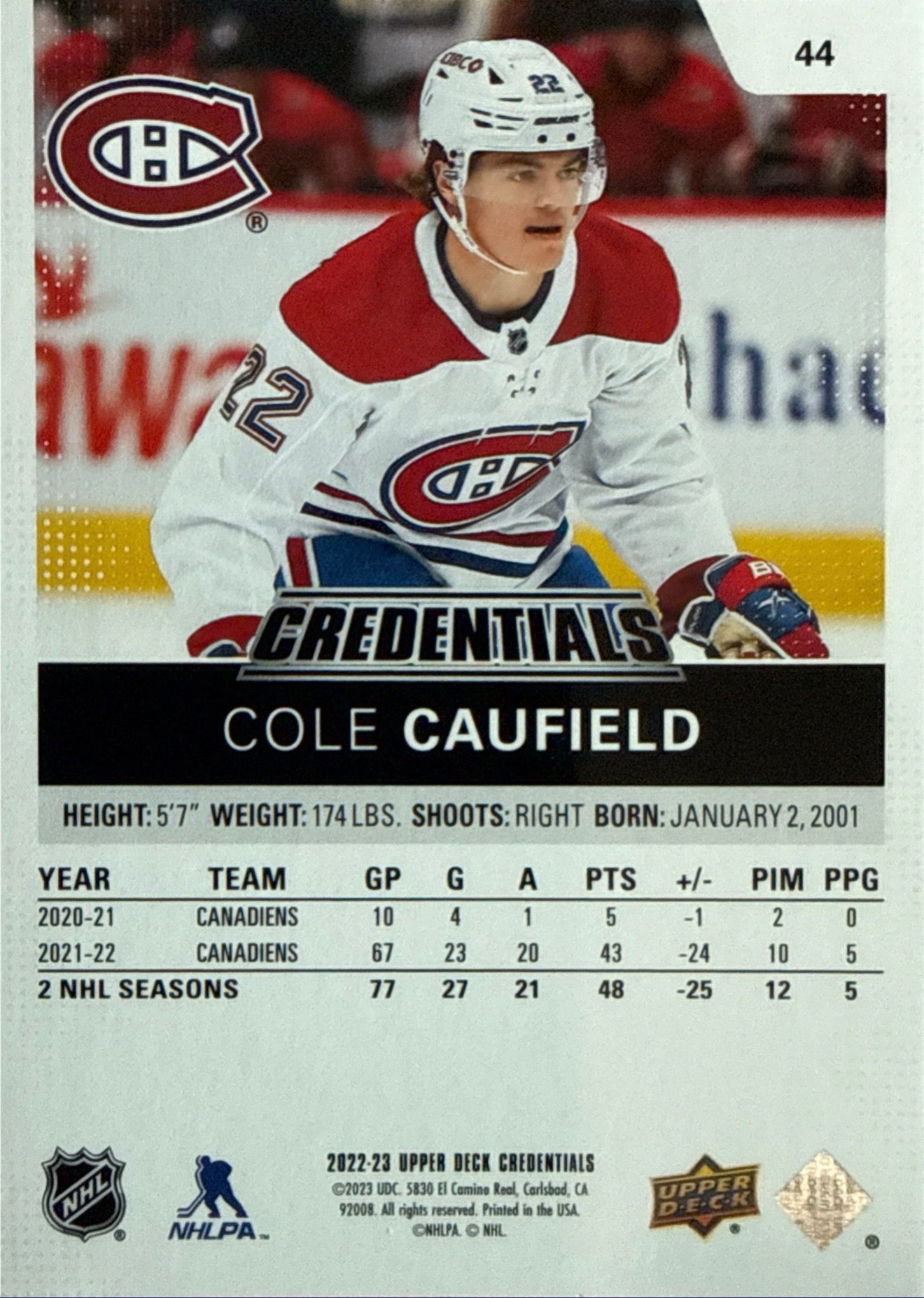 2022-23 Upper Deck Credentials Cole Caufield Gold #44 101/299 - Back