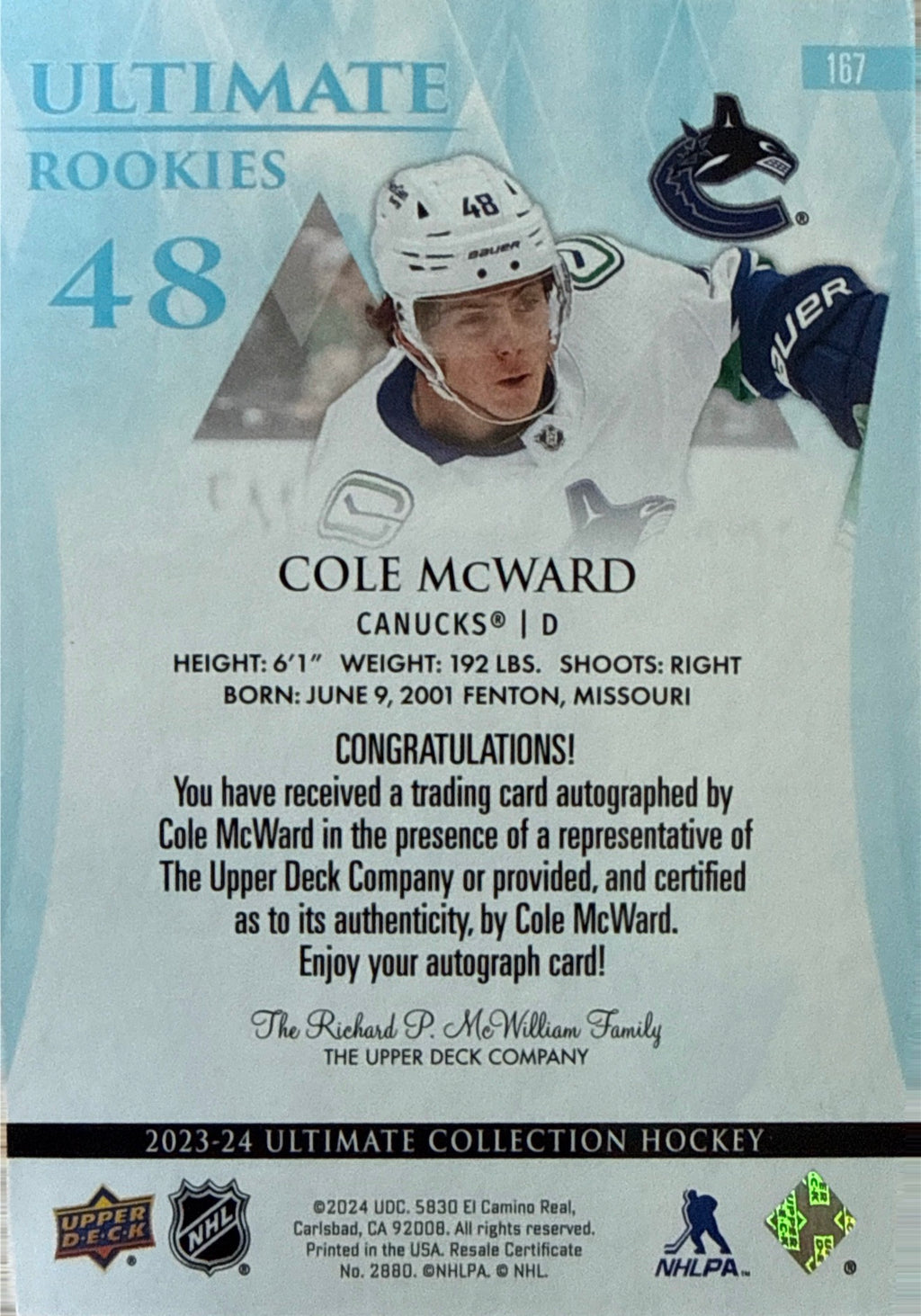 2023-24 Ultimate Collection Cole McWard Ultimate Rookies Auto 182/299 - Back