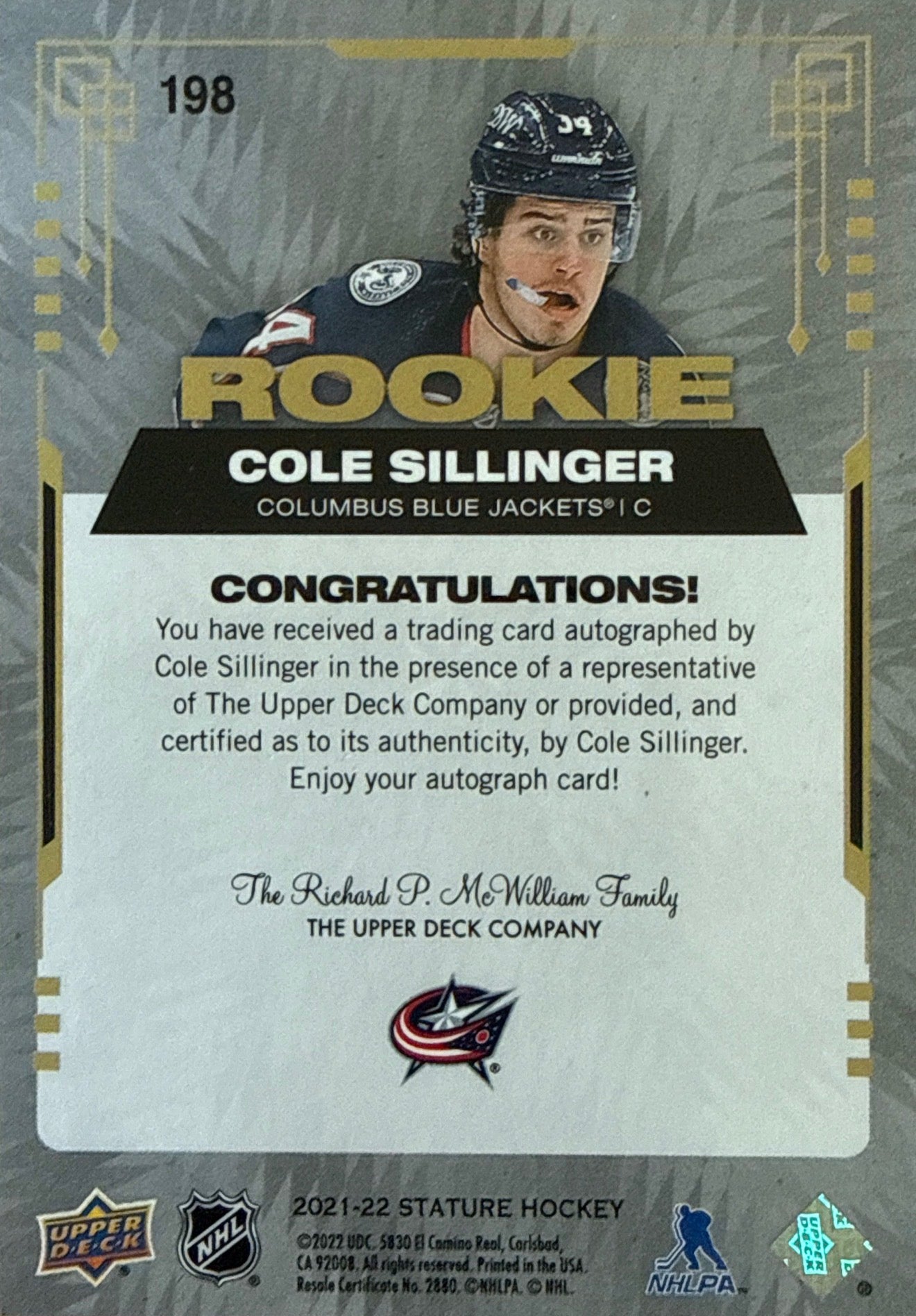 2021-22 Upper Deck Stature Cole Sillinger Rookie Auto 164/199 - Back