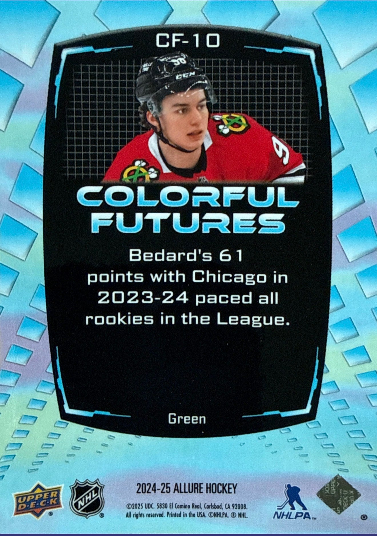 2024-25 Upper Deck Allure Colorful Futures Connor Bedard Green #CF-10 Back