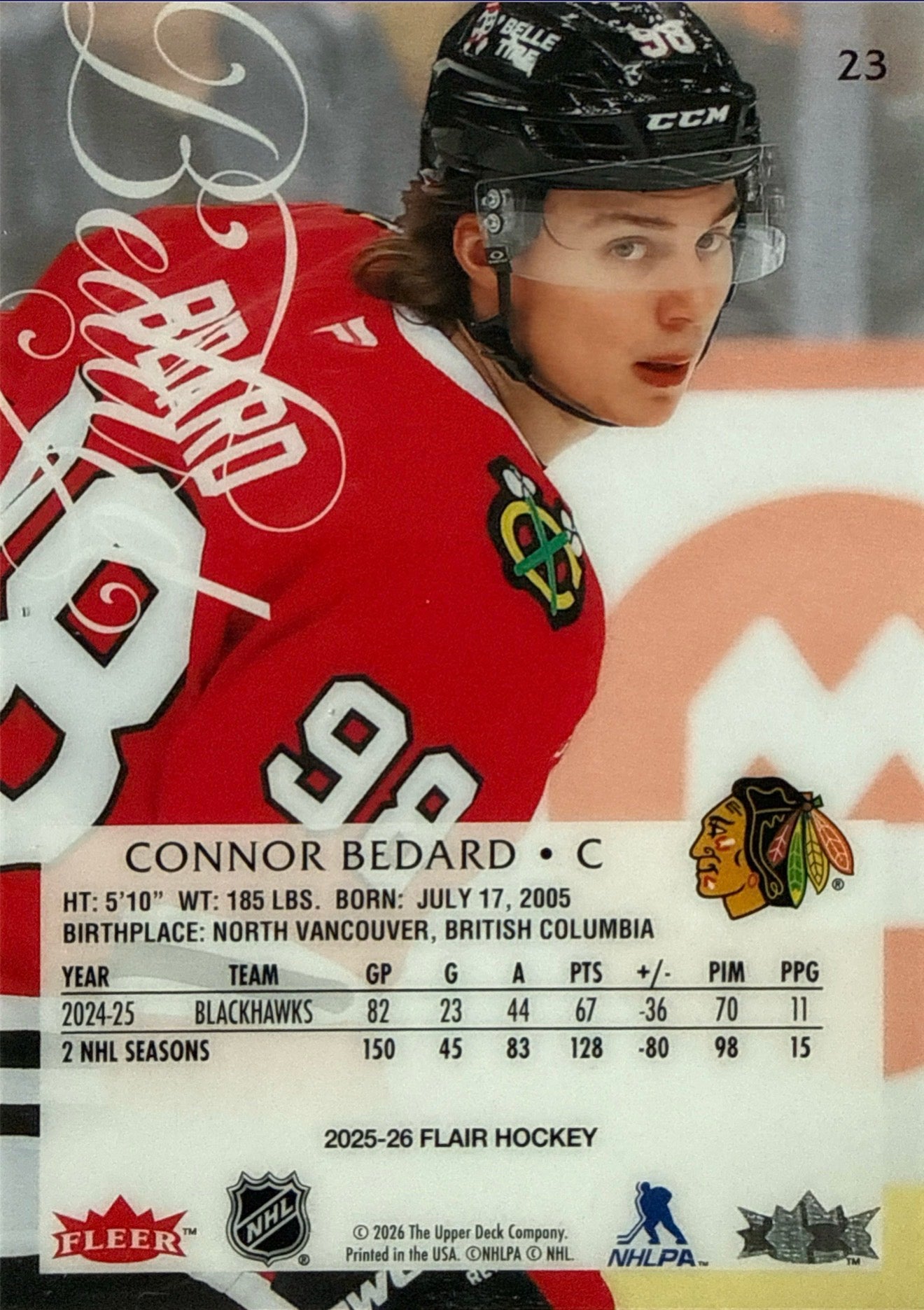2025-26 Fleer Flair Hockey Connor Bedard #23 Back