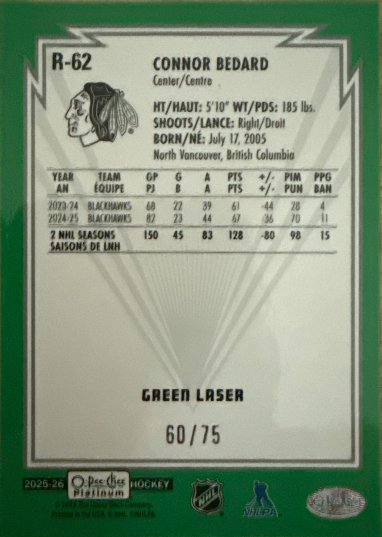 2025-26 Connor Bedard O-Pee-Chee Platinum Green Laser 60/75 - Back