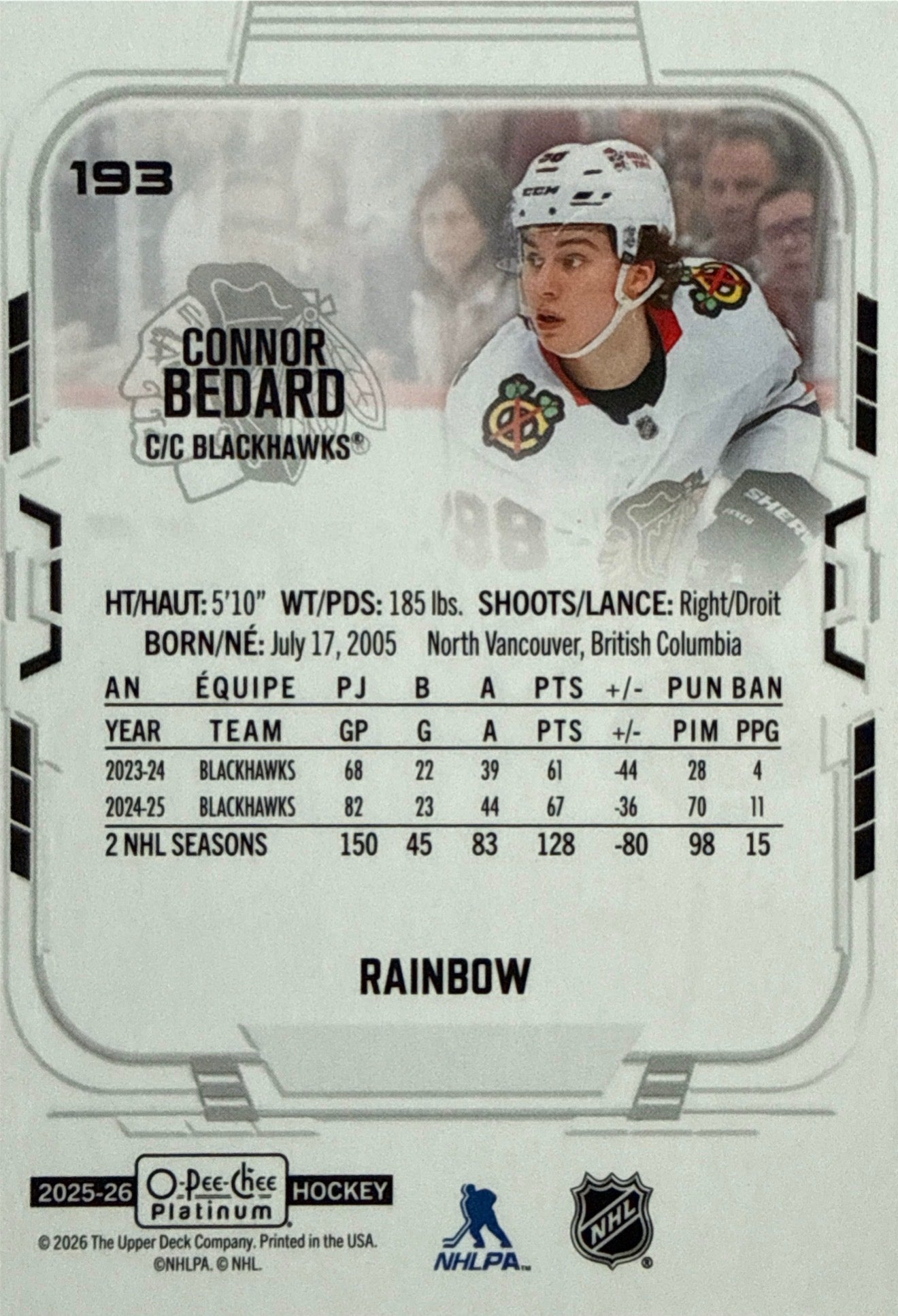 2025-26 O-Pee-Chee Platinum Connor Bedard Rainbow #193 Back