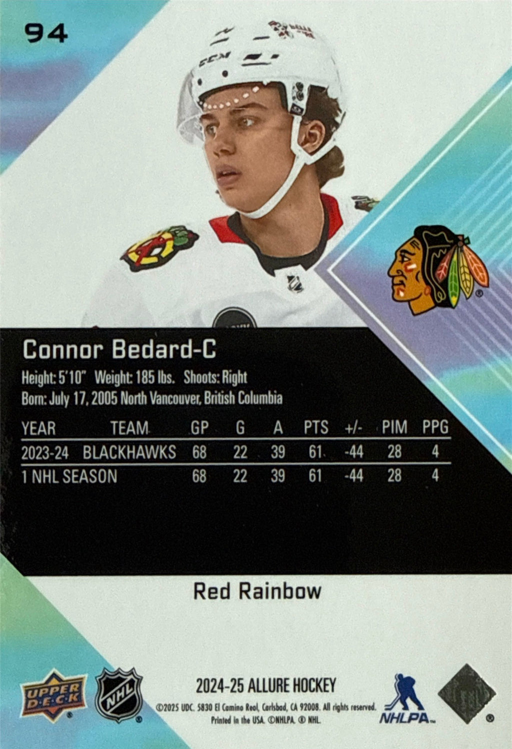 2024-25 Upper Deck Allure Connor Bedard Red Rainbow #94 Back