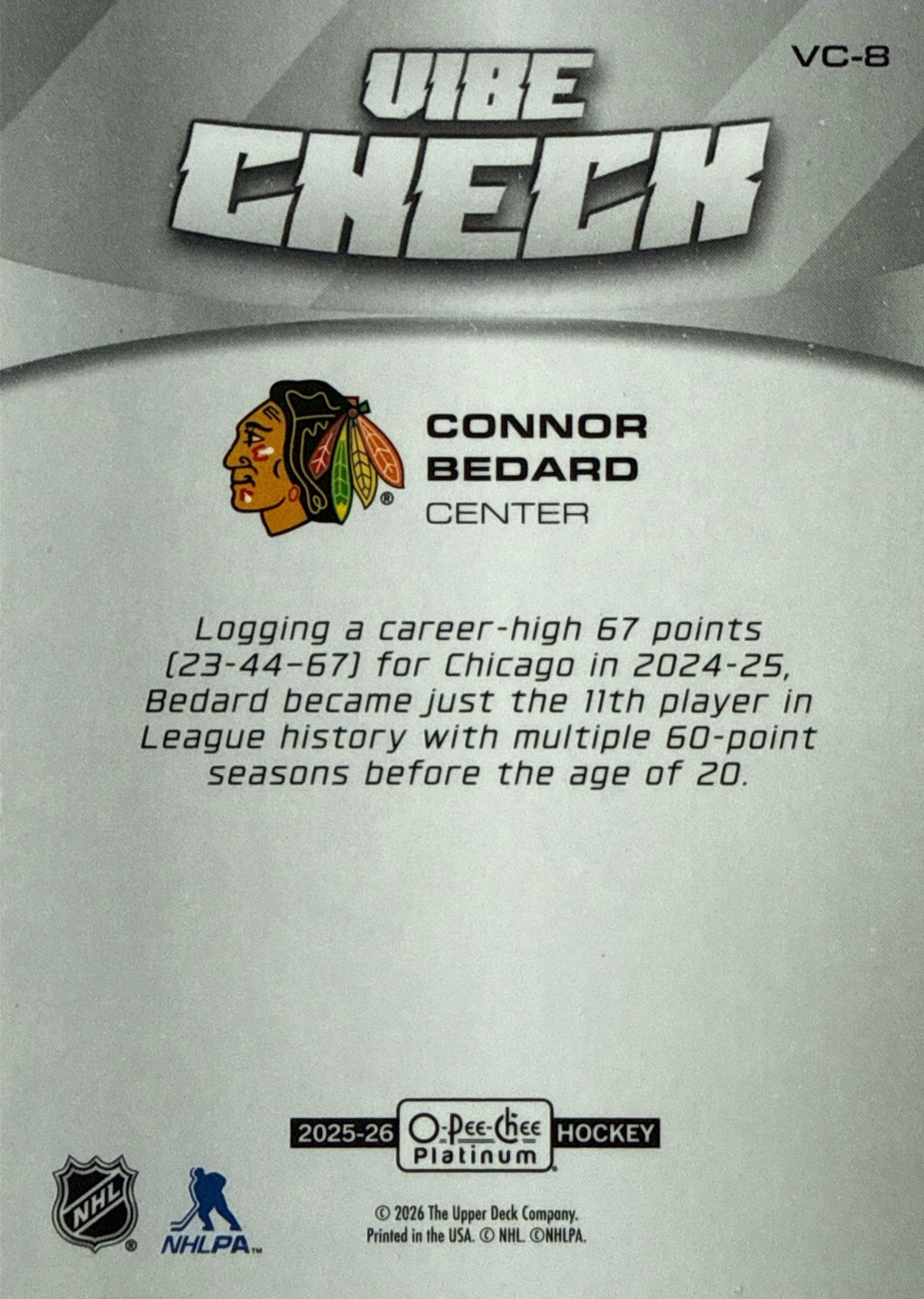 2025-26 O-Pee-Chee Platinum Vibe Check Connor Bedard #VC-8 Back