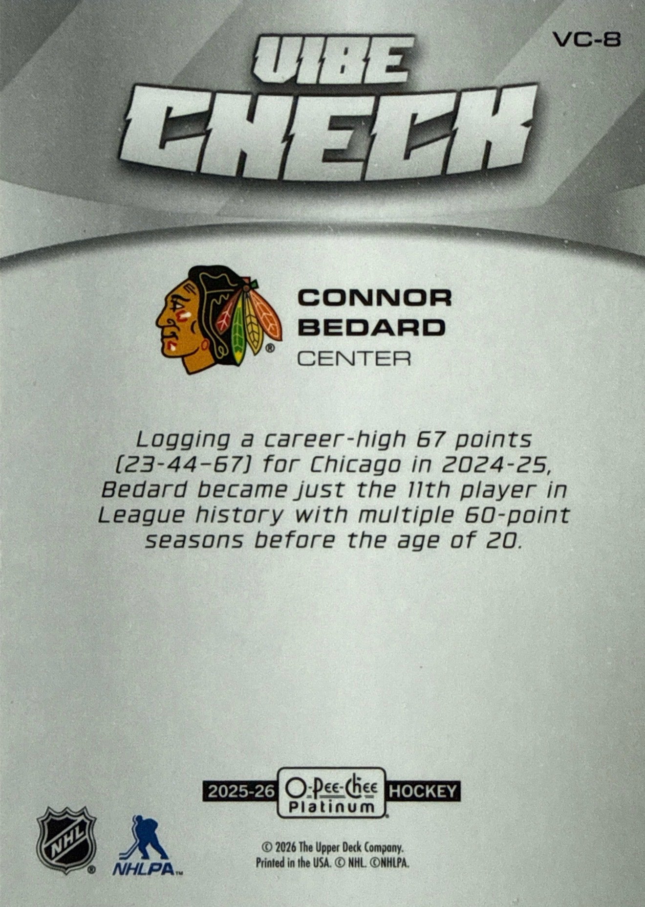 2025-26 O-Pee-Chee Platinum Vibe Check Connor Bedard #VC-8 Back