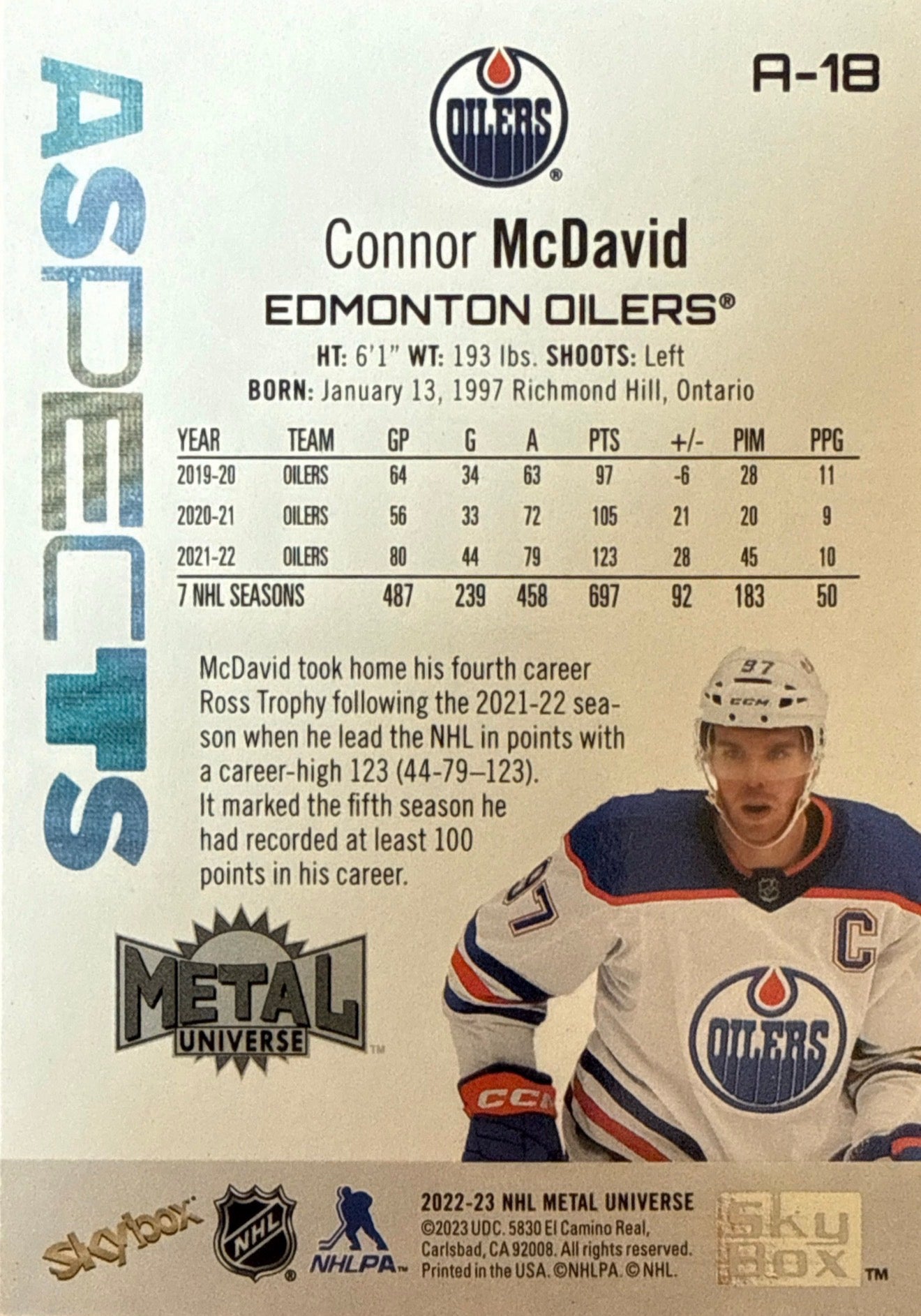 2022-23 SkyBox Metal Universe Aspects Connor McDavid #A-18 Back