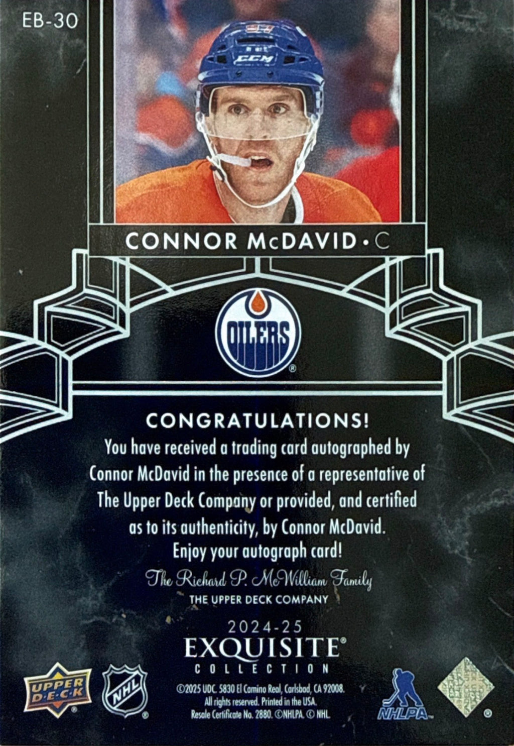 2024-25 Connor McDavid Upper Deck Exquisite Collection Black Auto #EB-30 /25 - Back