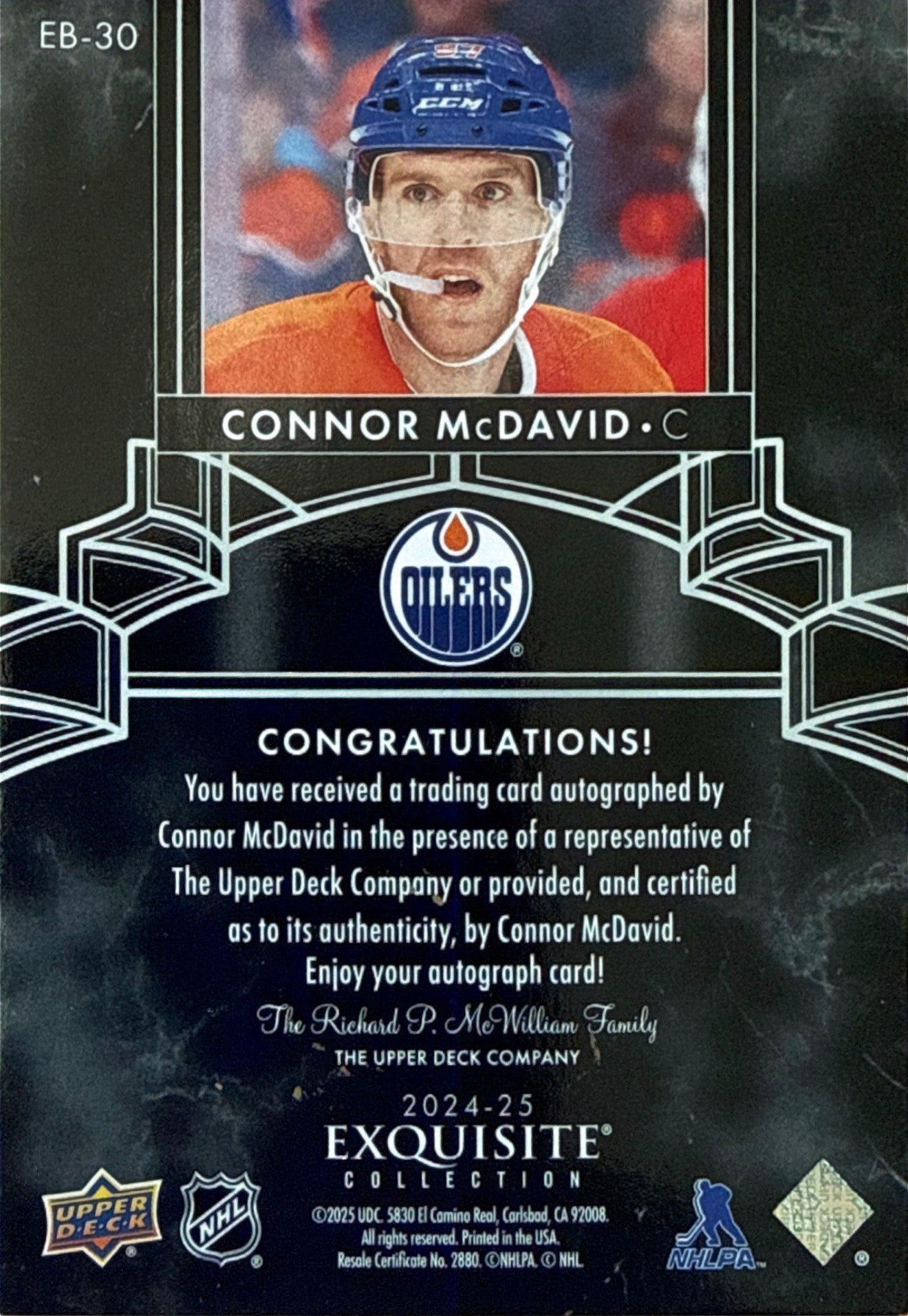 2024-25 Connor McDavid Upper Deck Exquisite Collection Black Auto #EB-30 /25 - Back