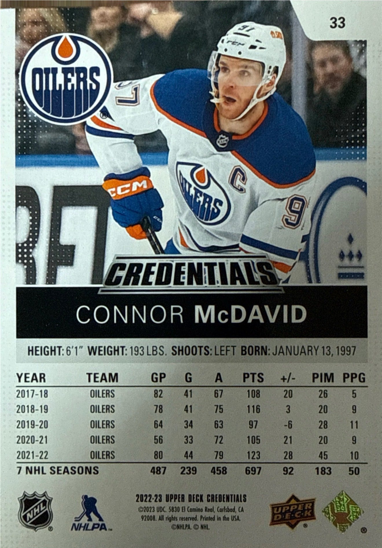 2022-23 Upper Deck Credentials Connor McDavid #33 Back