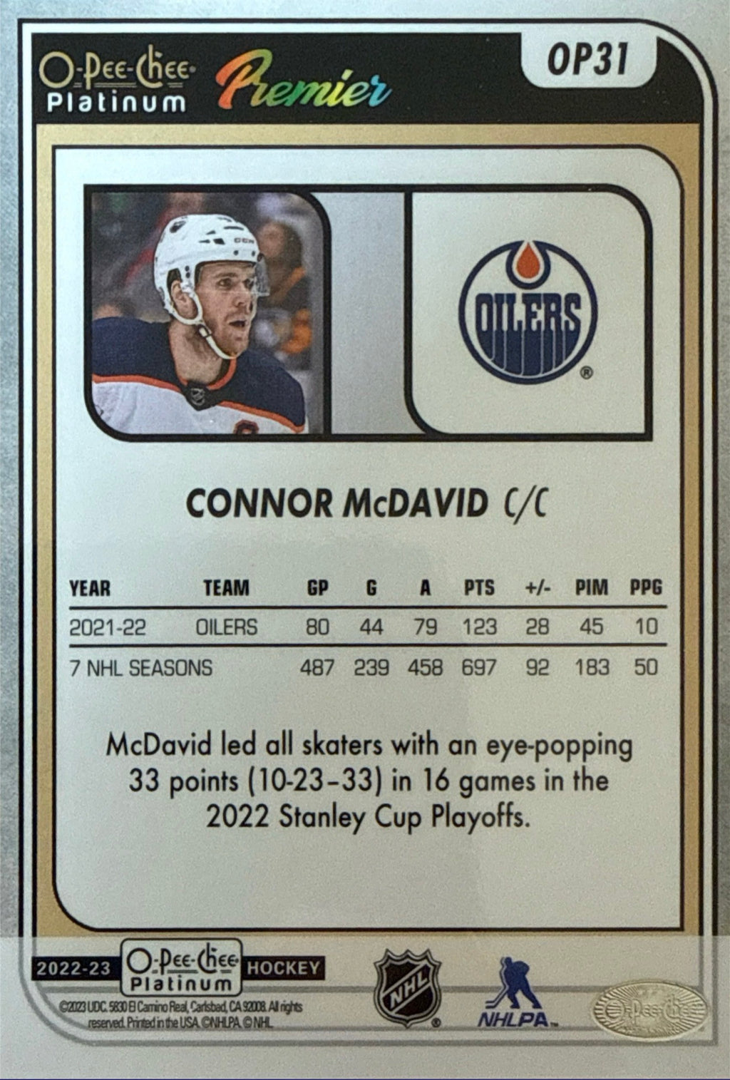 2022-23 O-Pee-Chee Platinum Premier Connor McDavid #OP31 Back