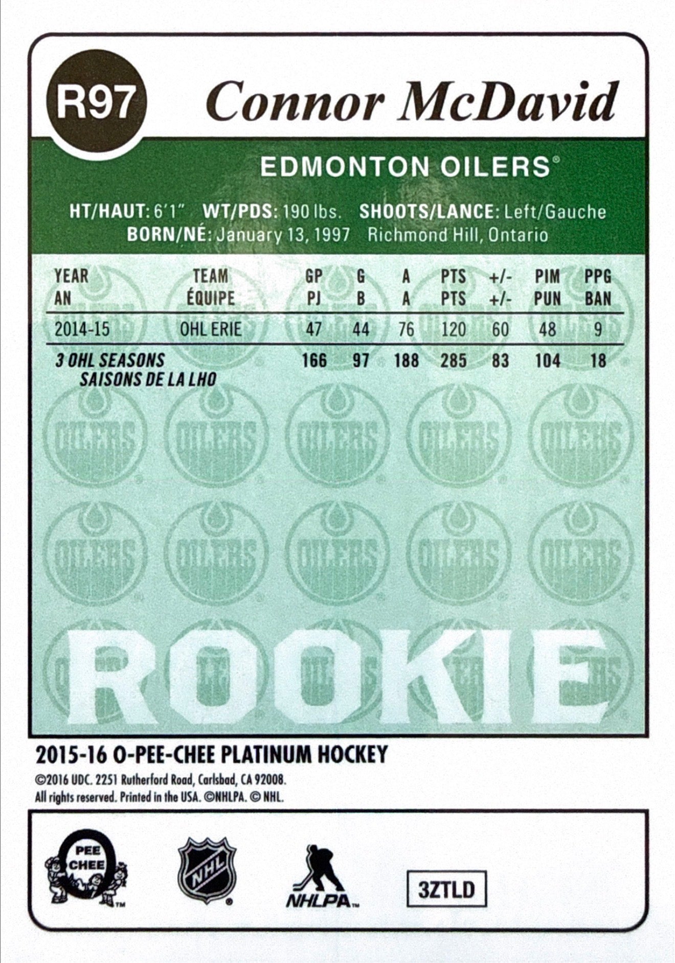 2015-16 Connor McDavid O-Pee-Chee Platinum Rookie Gold Foil #R97 - Back