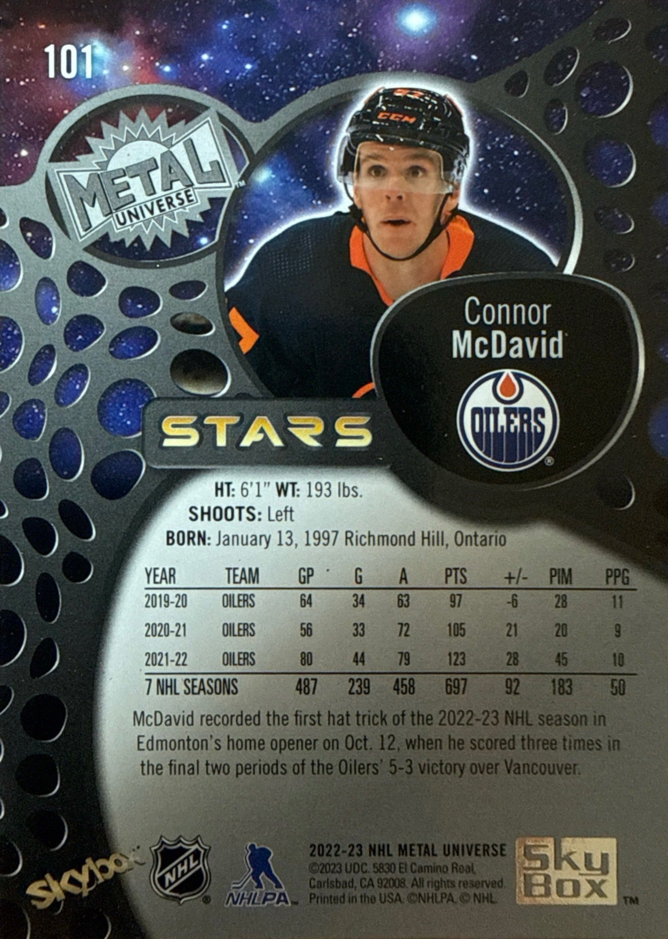 2022-23 SkyBox Metal Universe Stars Connor McDavid #101 Back