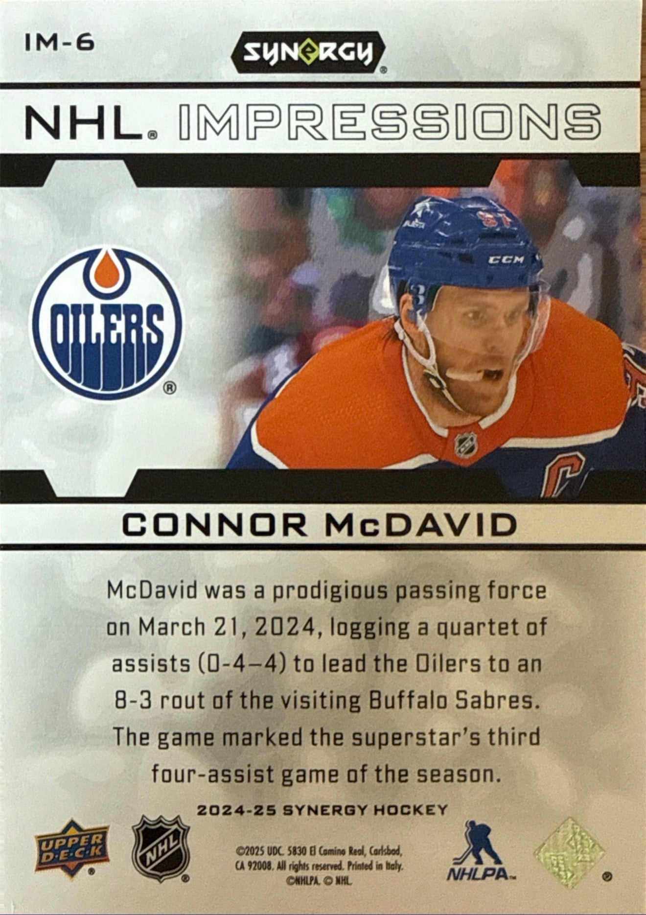 2024-25 Upper Deck Synergy NHL Impressions Connor McDavid #IM-6 Back