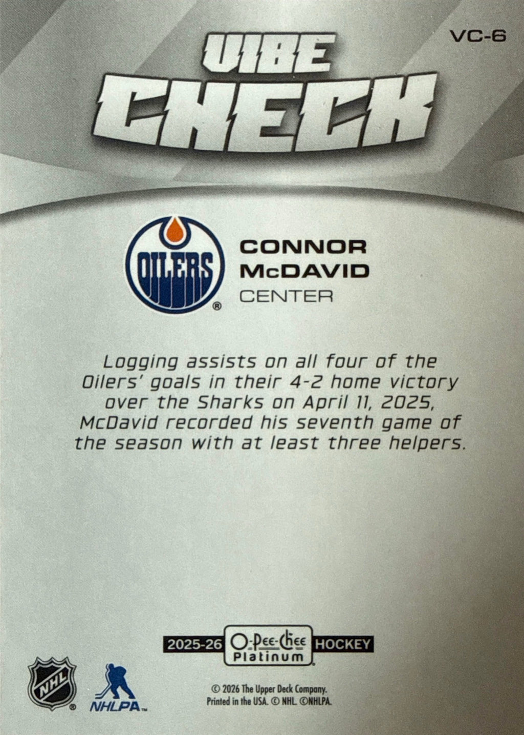 2025-26 O-Pee-Chee Platinum Vibe Check Connor McDavid #VC-6 Back