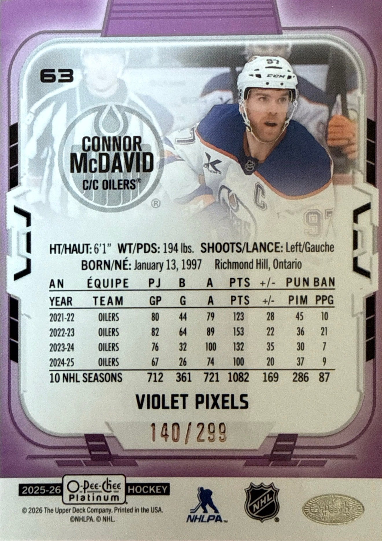 2025-26 O-Pee-Chee Platinum Connor McDavid Violet Pixels #63 140/299 Back