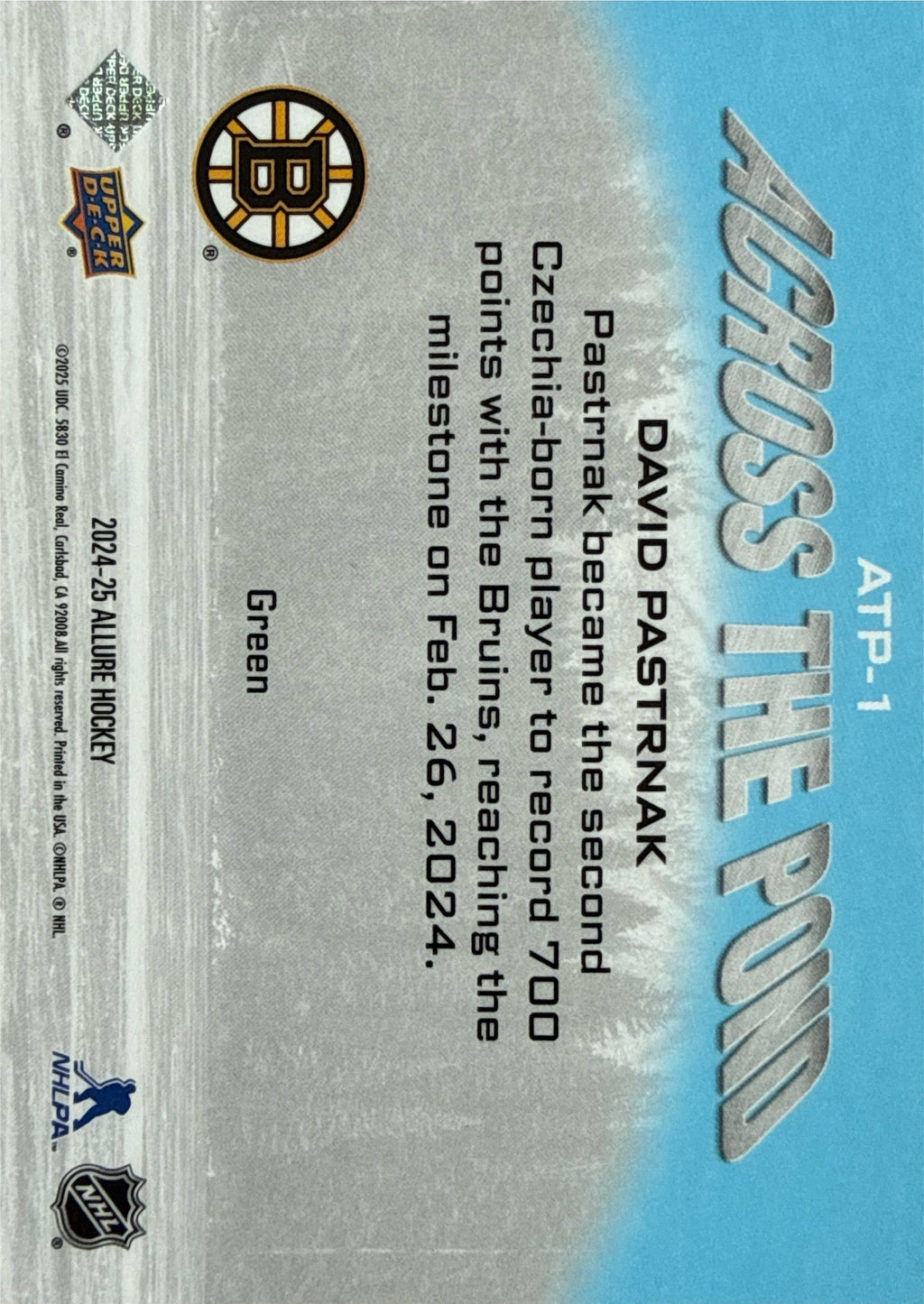 2024-25 Allure David Pastrnak Across the Pond Green #ATP-1 - Back