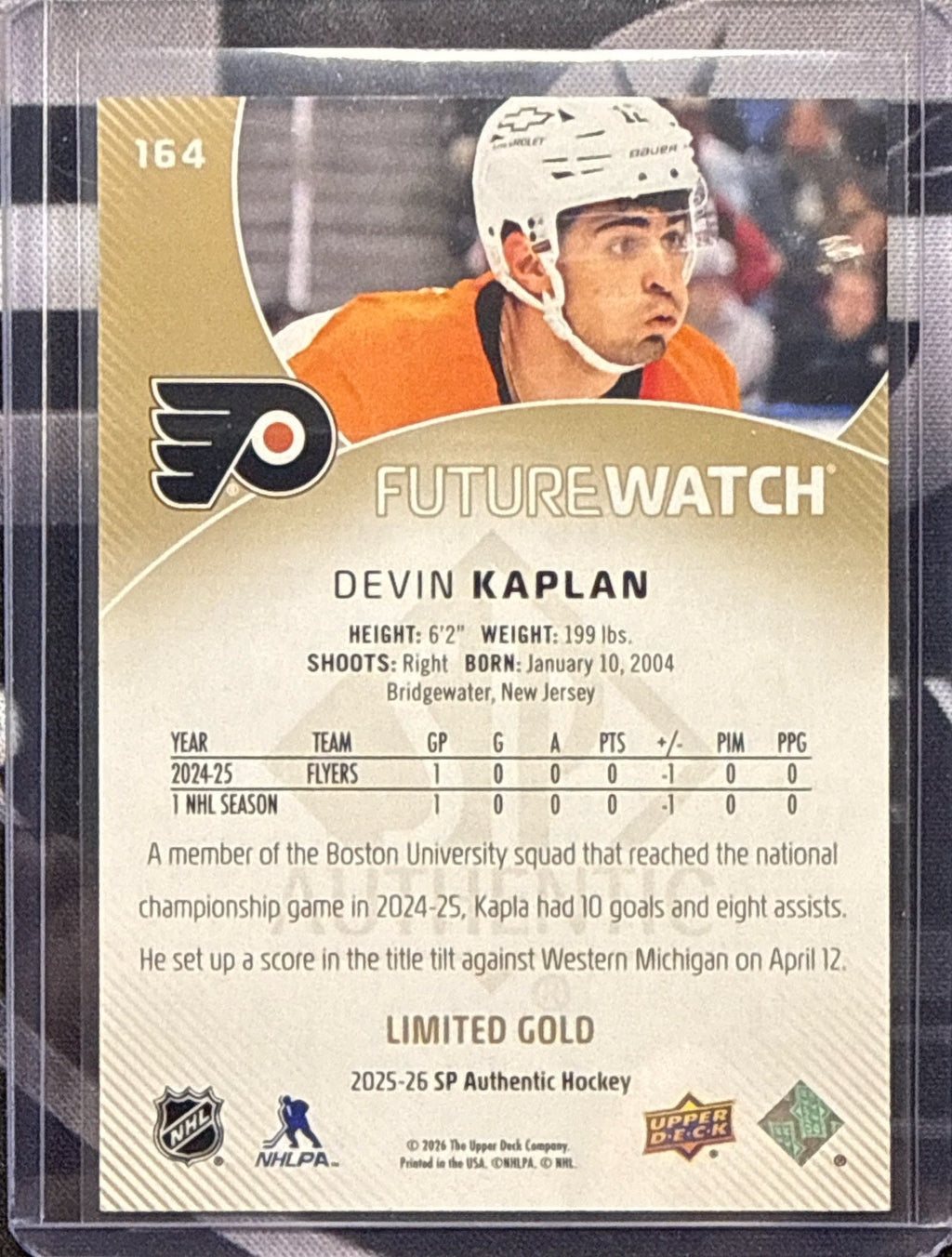 2025-26 SP Authentic Devin Kaplan Future Watch Limited Gold #164 Back